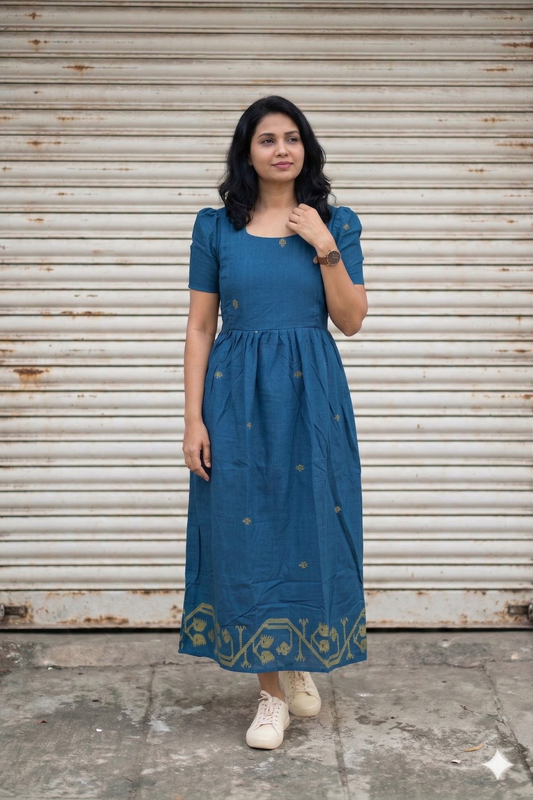 Handloom Jamdani - Maternity / Feeding - Maxi/Gown - Cotton Lining - Double side Zips -Rama Green