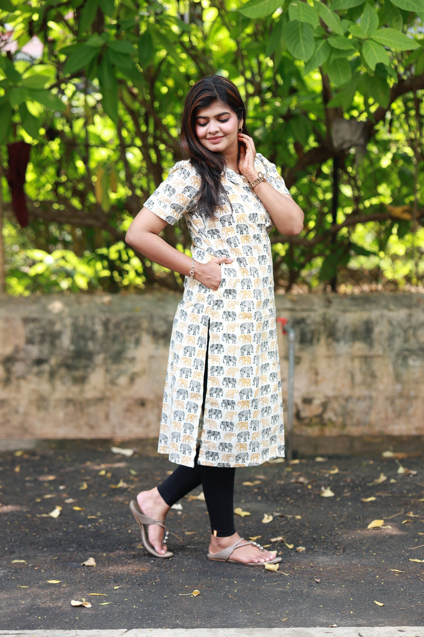 Top/kurti- Black and yellow elephant print maternity and office wear kurti with side pocket and relaxed fit.