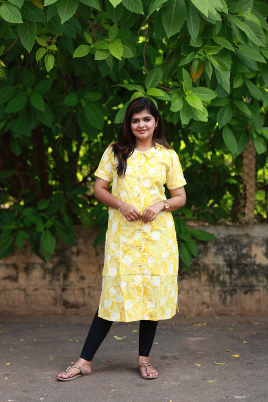 Lemon color flower print Kurti - Lemon Lace - neemai