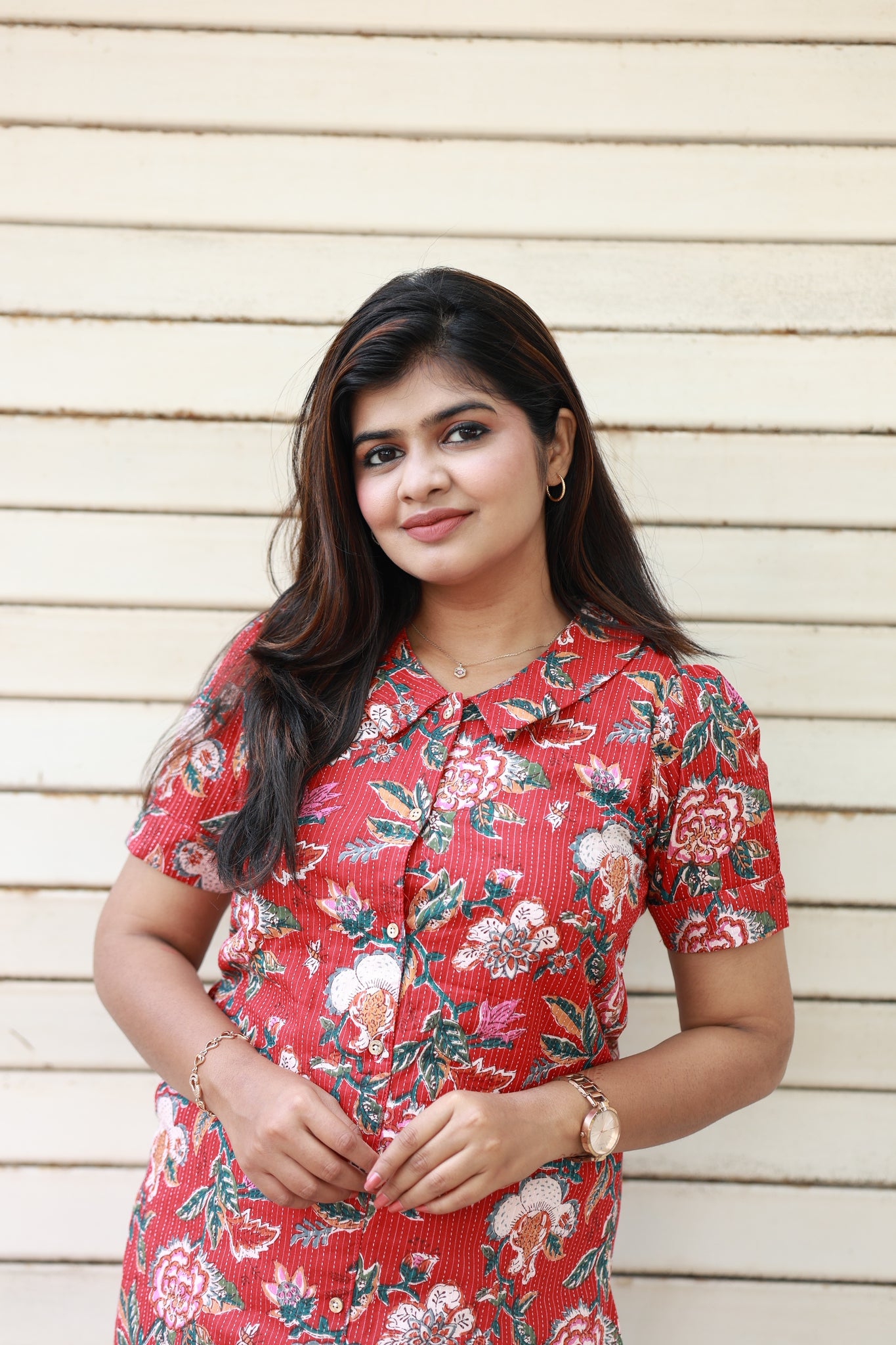 Co-ord set - Red floral cotton maternity and regular wear kurta with front buttons and matching pants