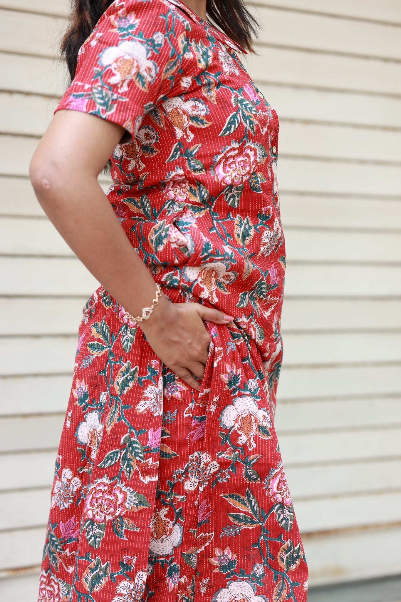 Co-ord set - Red floral cotton maternity and daily wear kurta with mom friendly side pocket