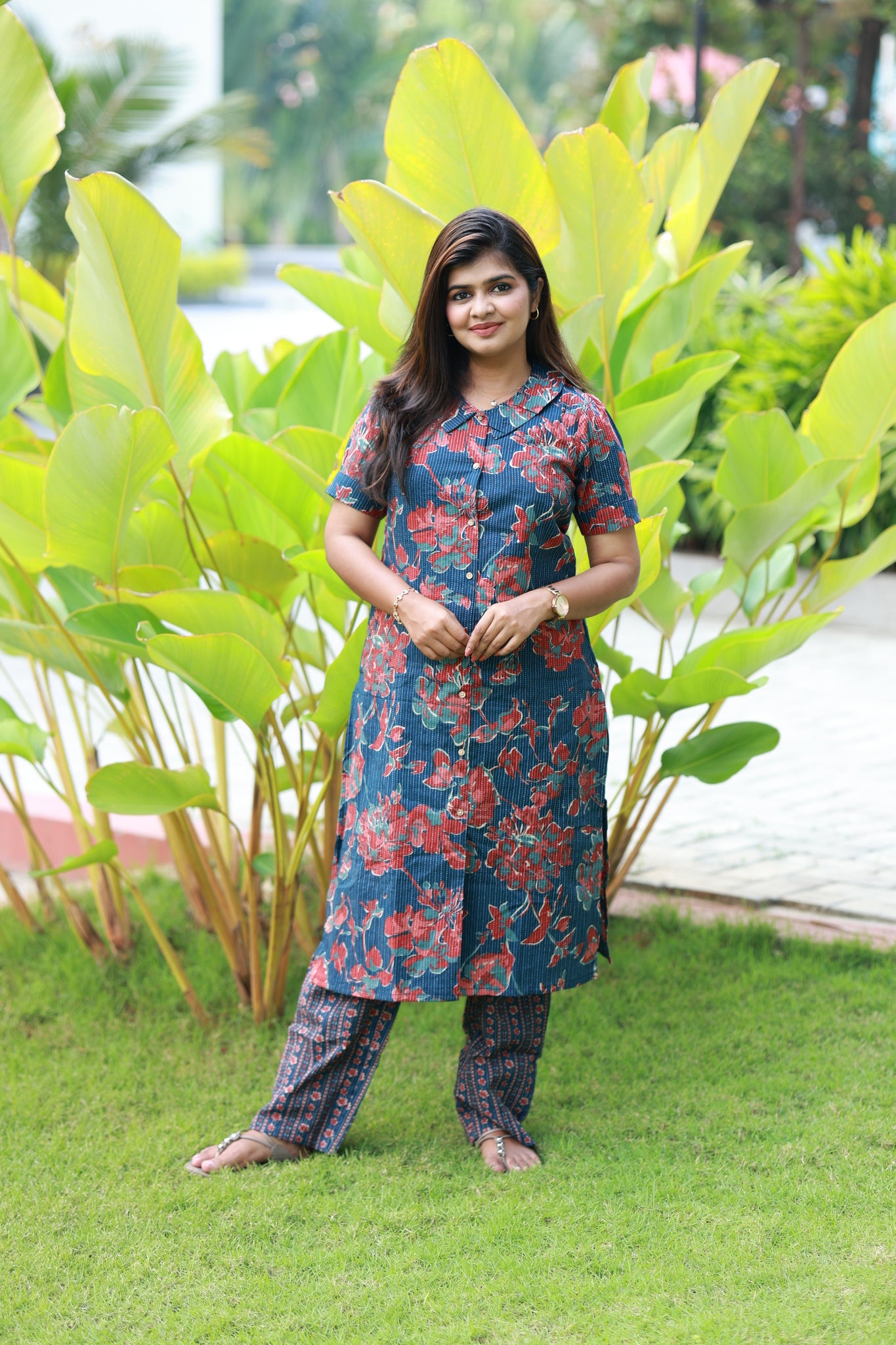 Co-ord set - Navy blue floral maternity and regular wear co ord set with matching printed pants, breathable cotton fabric.