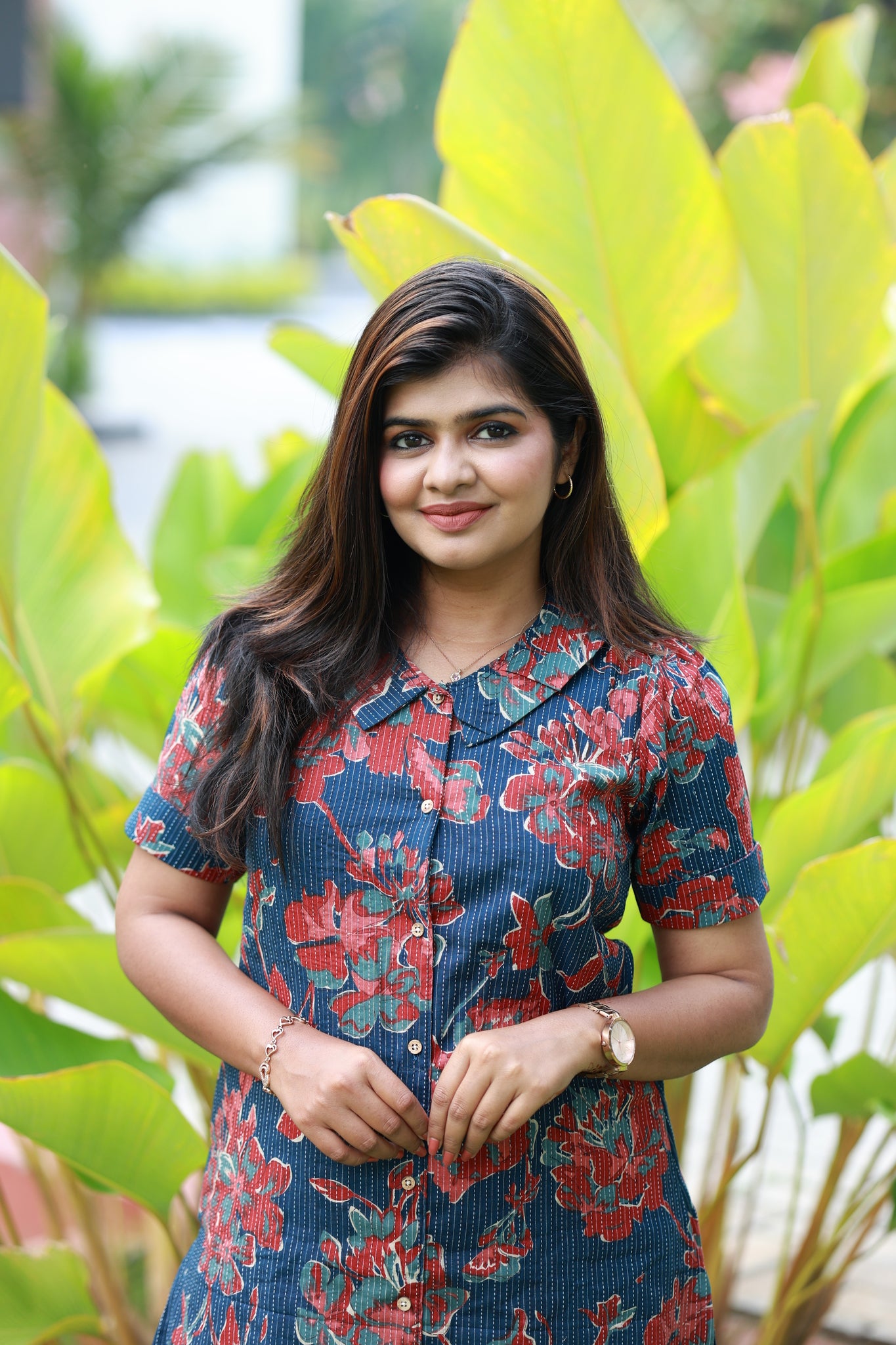 Co-ord set - Navy blue floral maternity and regular wear kurta pant set, feeding access and side pocket.