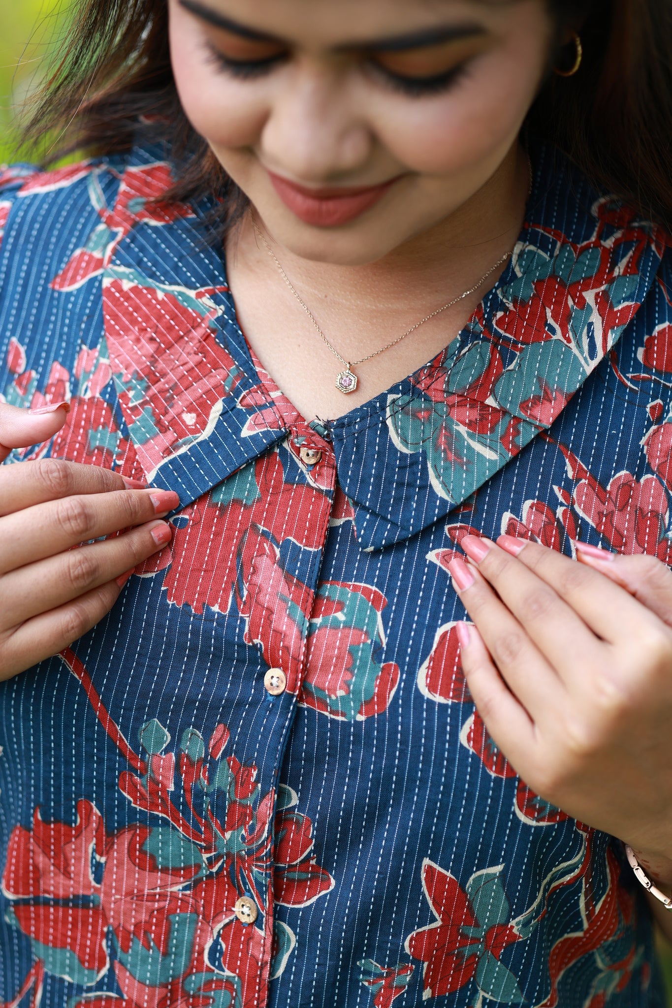 Co-ord set - Navy blue floral cotton maternity kurta with feeding friendly buttons and collar neckline