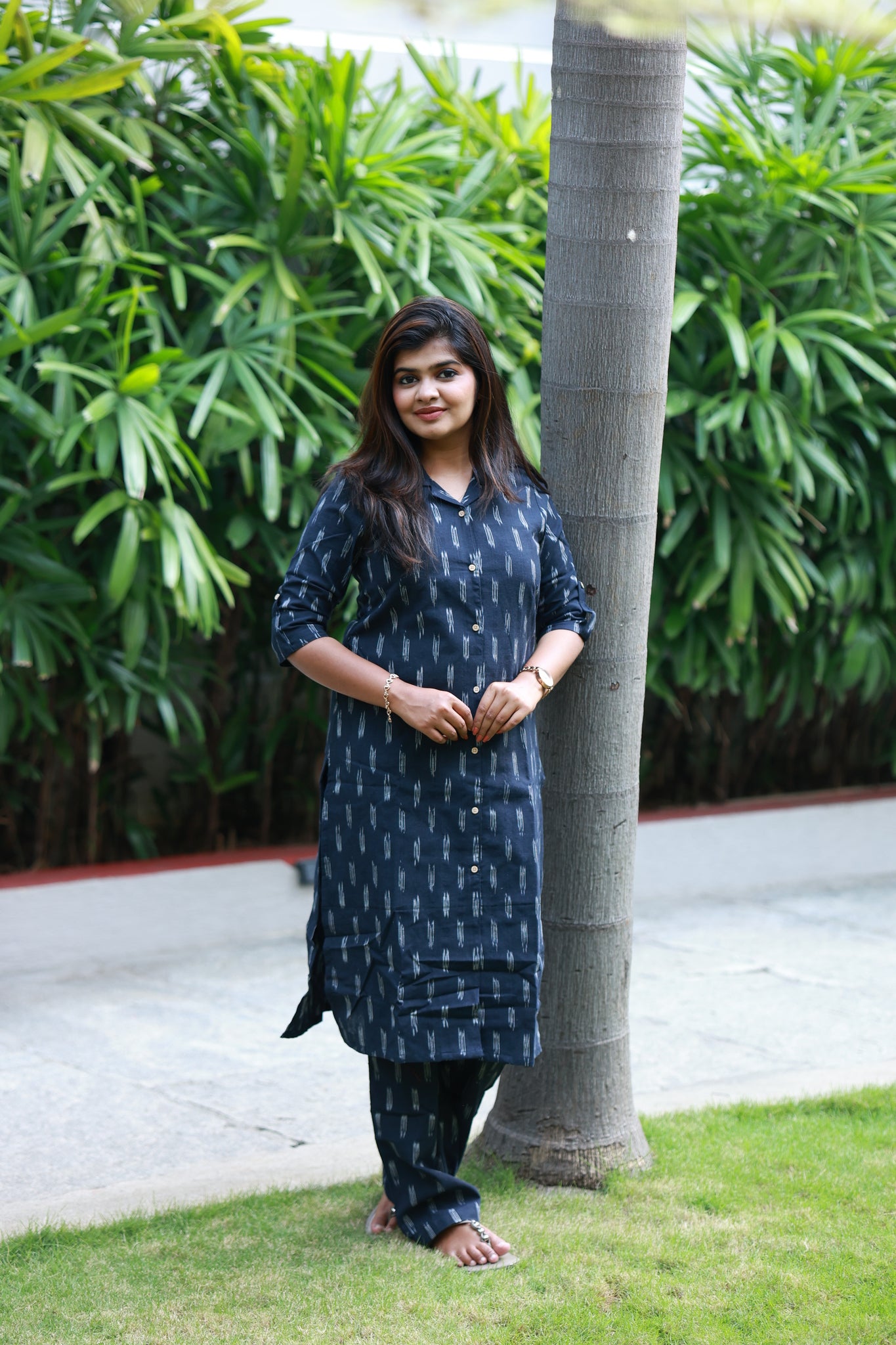 Co-ord set - Navy blue ikat printed cotton maternity and daily wear co-ord set with relaxed silhouette.