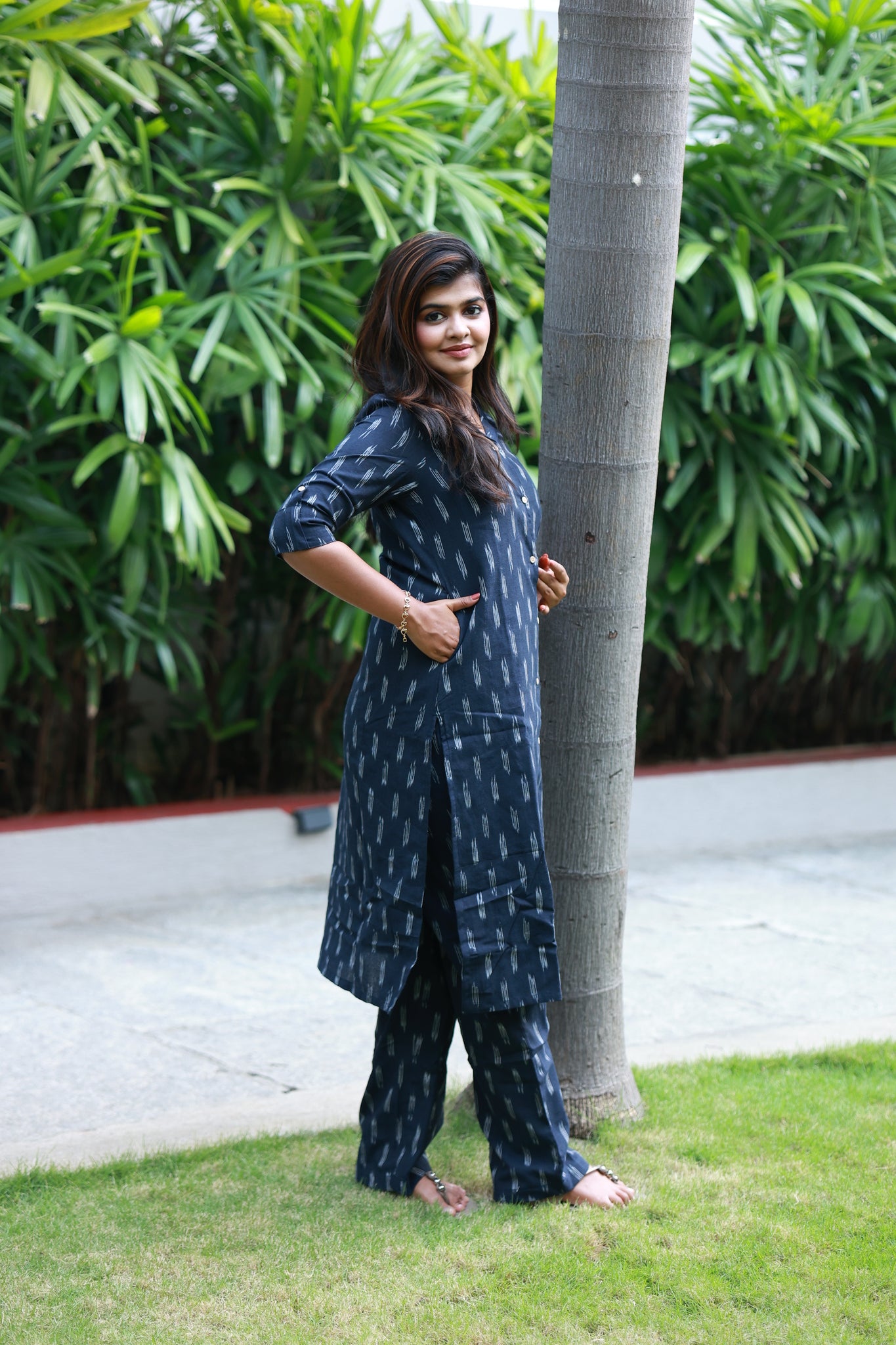 Co-ord set - Navy blue ikat print maternity kurta with matching pant set, cotton, feeding access and side pocket for a comfortable wear.