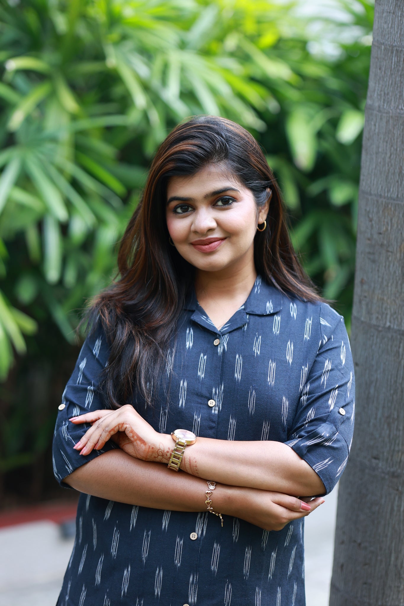 Co-ord set - Navy blue ikat print maternity and daily wear kurta with 3/4 sleeves.