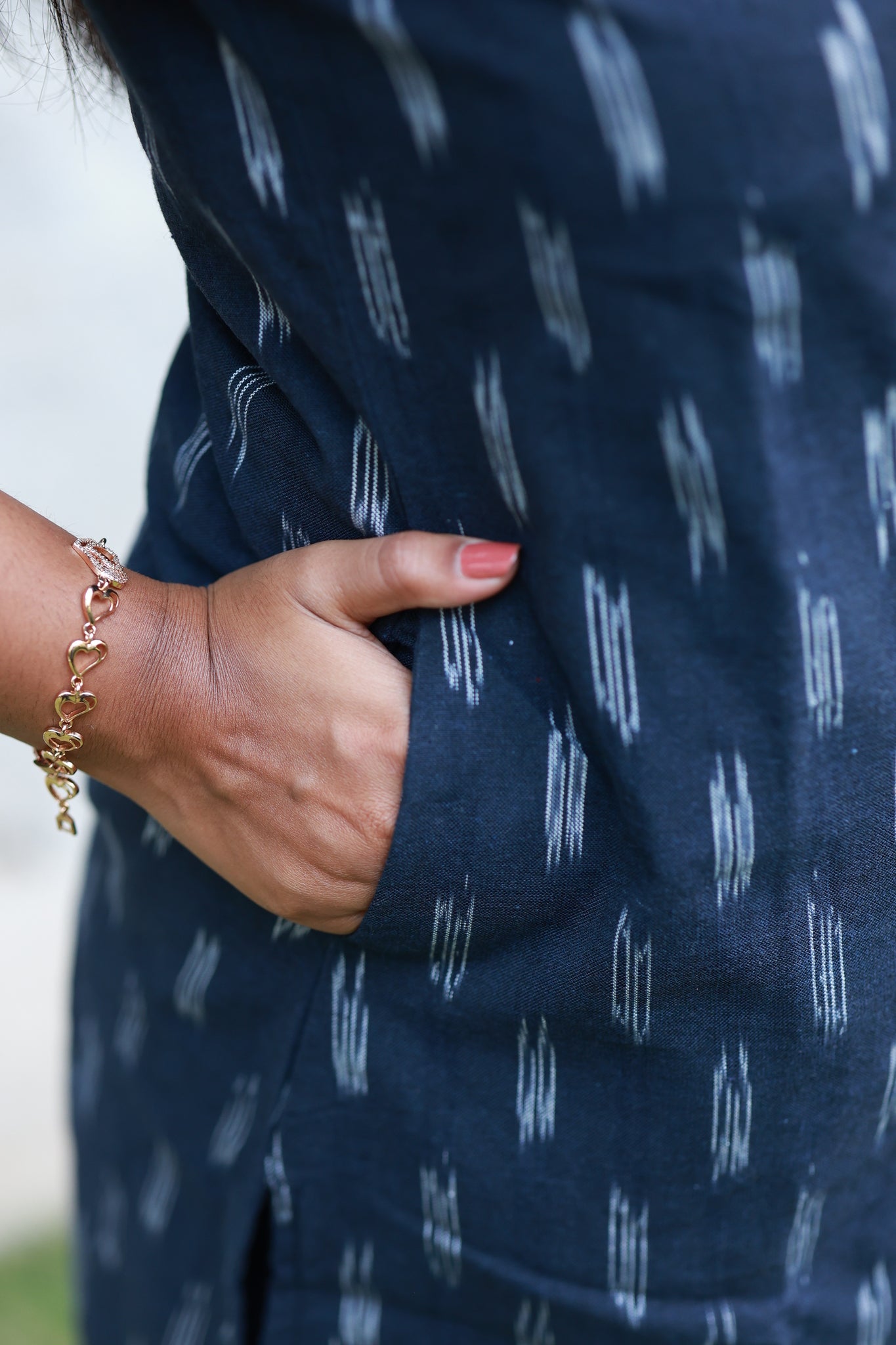 Co-ord set - Navy blue ikat print maternity and regular wear kurta with Mom-friendly side pocket