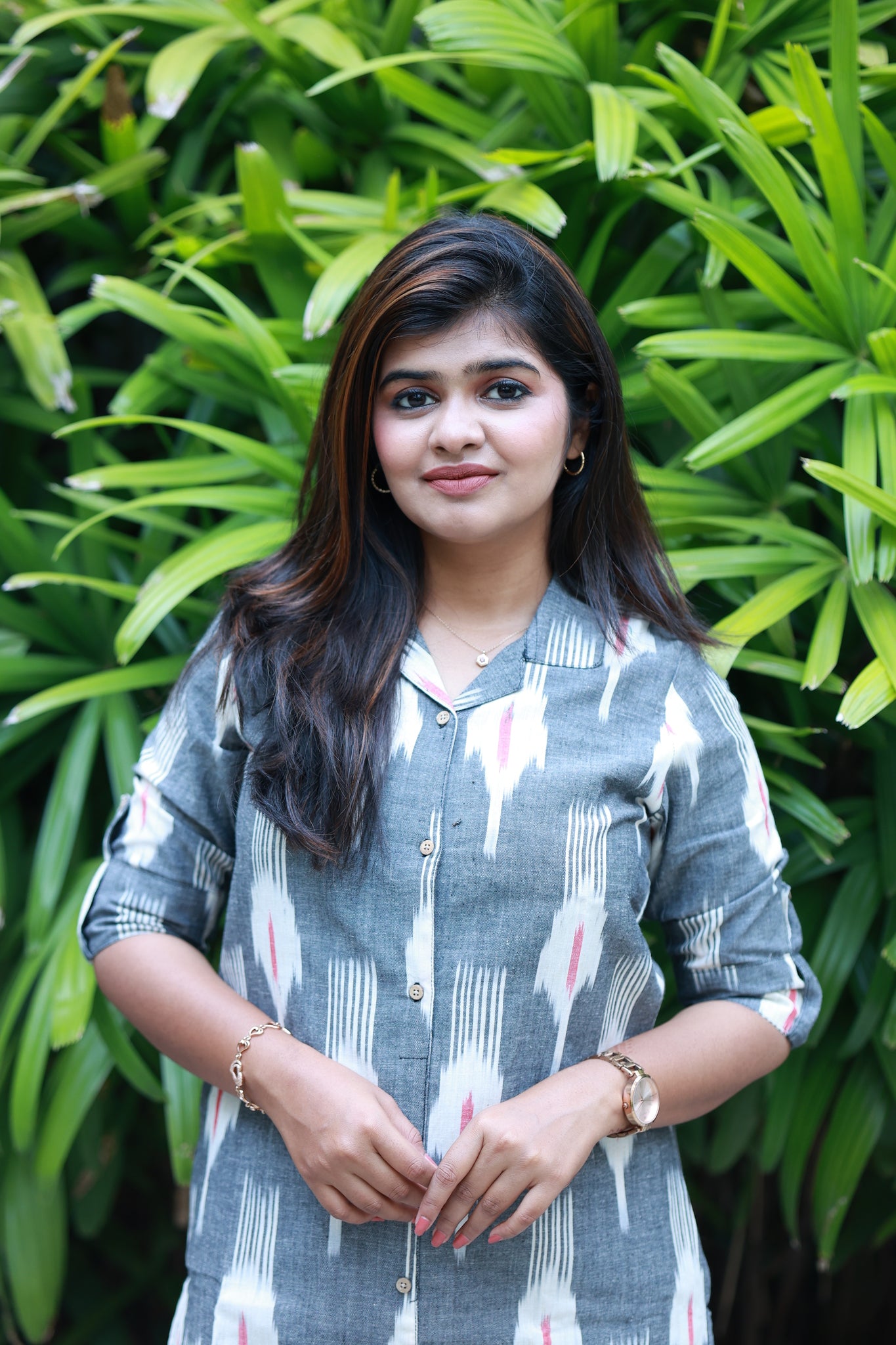 Co-ord set- Grey ikat printed cotton maternity and casual wear kurta with front buttons.