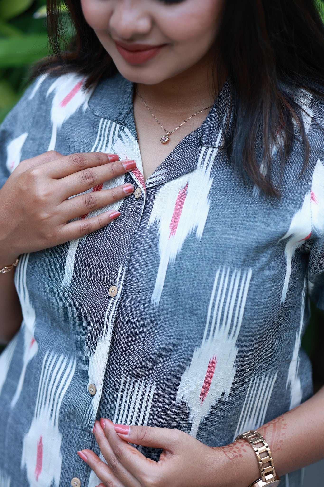 Co-ord set- Grey ikat printed cotton maternity kurta pant set with front button feeding access.