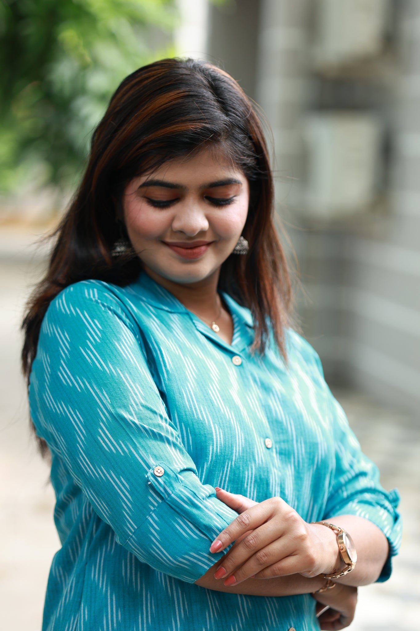 Co-ord set - Teal cotton ikat printed maternity and casual wear two-piece set, soft three-quarter sleeves detailing.