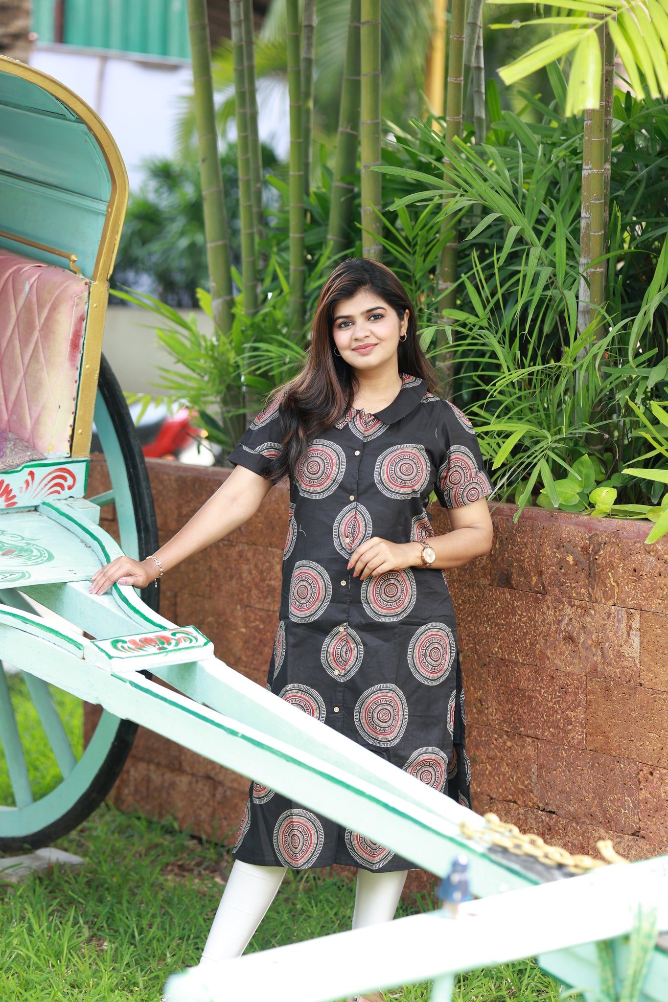 Top/Kurti - Black circle printed cotton maternity and regular wear kurti with mom-friendly buttons and side pocket..