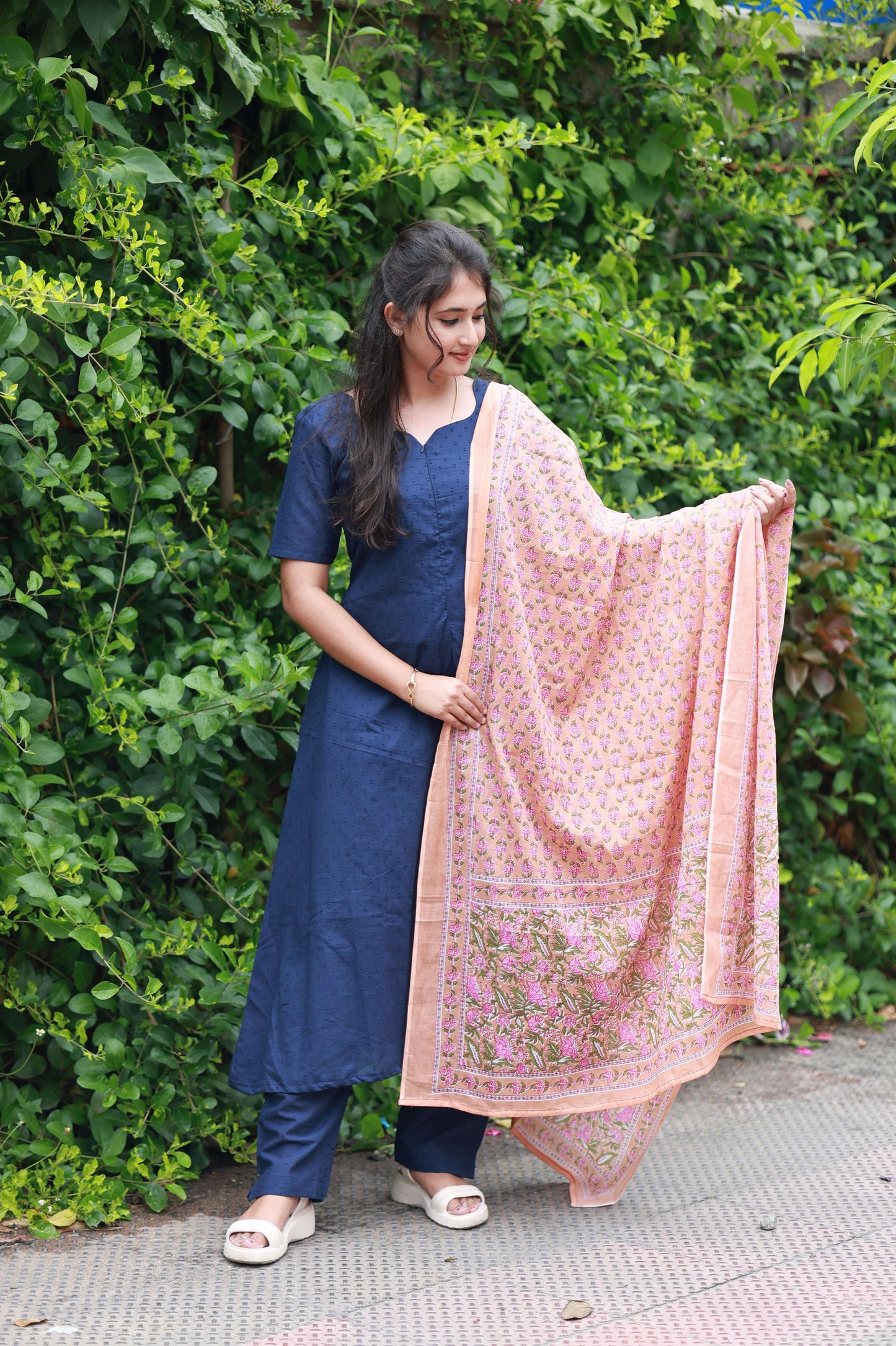 Maternity tops - 3 piece set [ kurta, pant and dupatta] - Ink blue, showcasing a soft breathable cotton dress with feeding option.