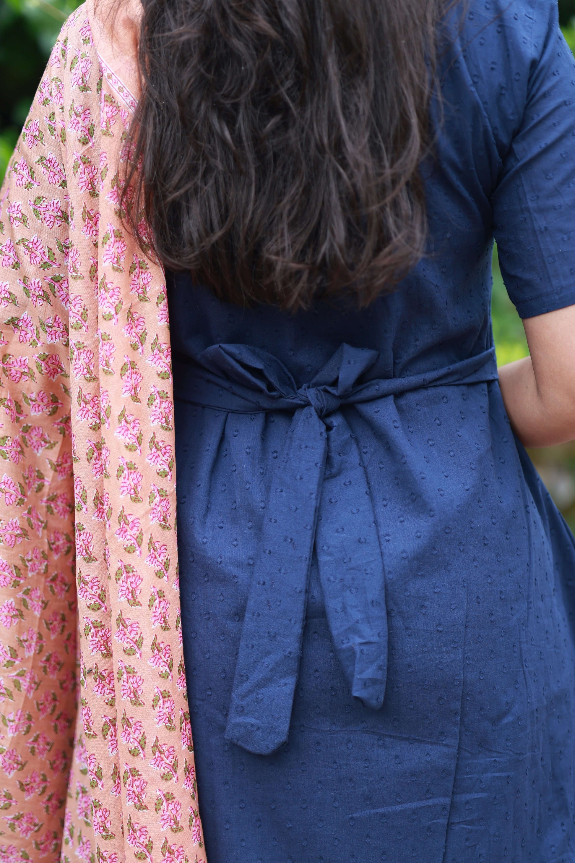 Maternity tops - 3 piece set [ kurta, pant and dupatta] - Ink blue, showcasing the back with a soft breathable cotton dress and contrast dupatta.