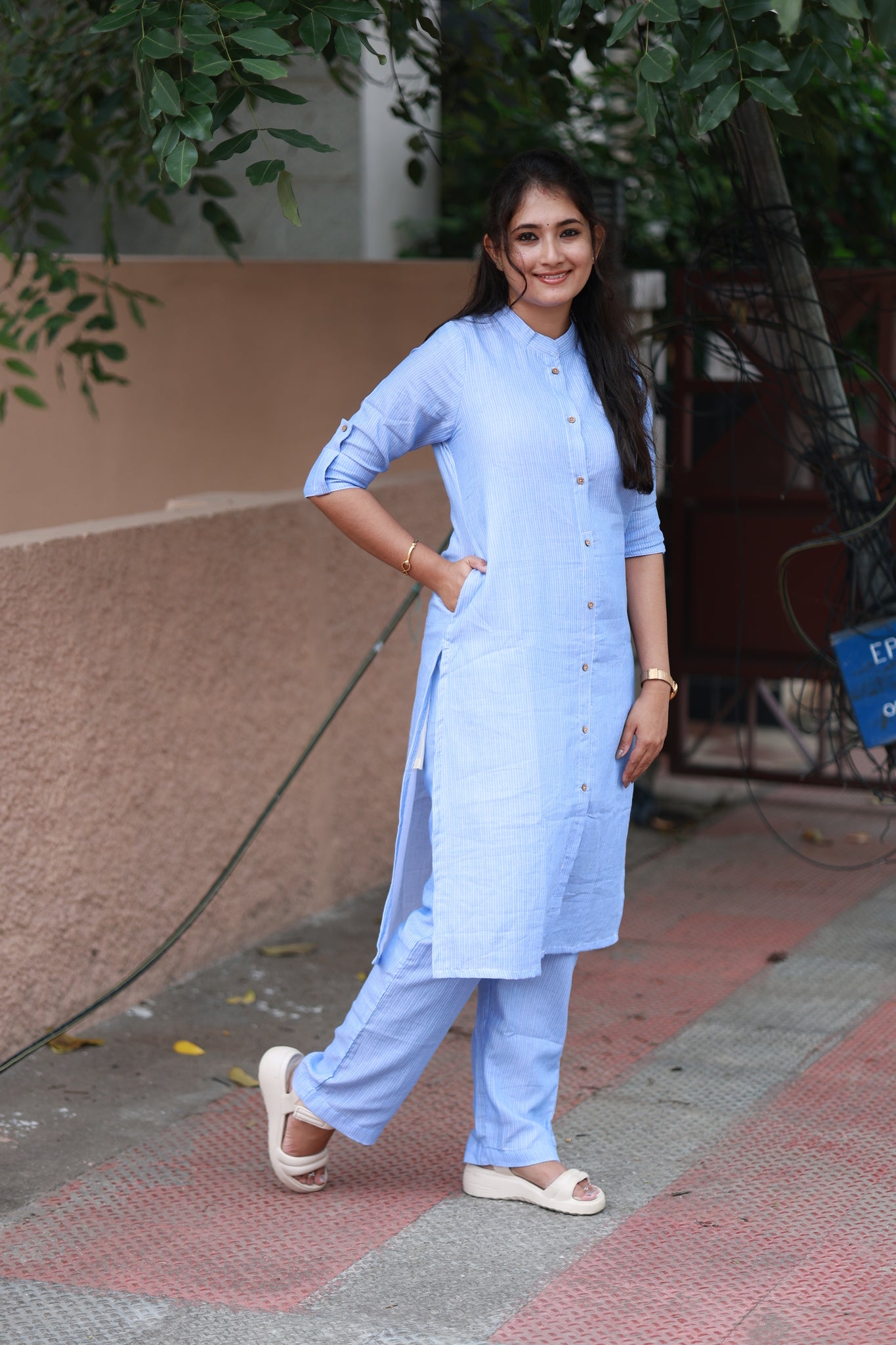 Blue Coordset - Blue and white stripes, side pockets with matching top and pant set for effortless everyday styling.