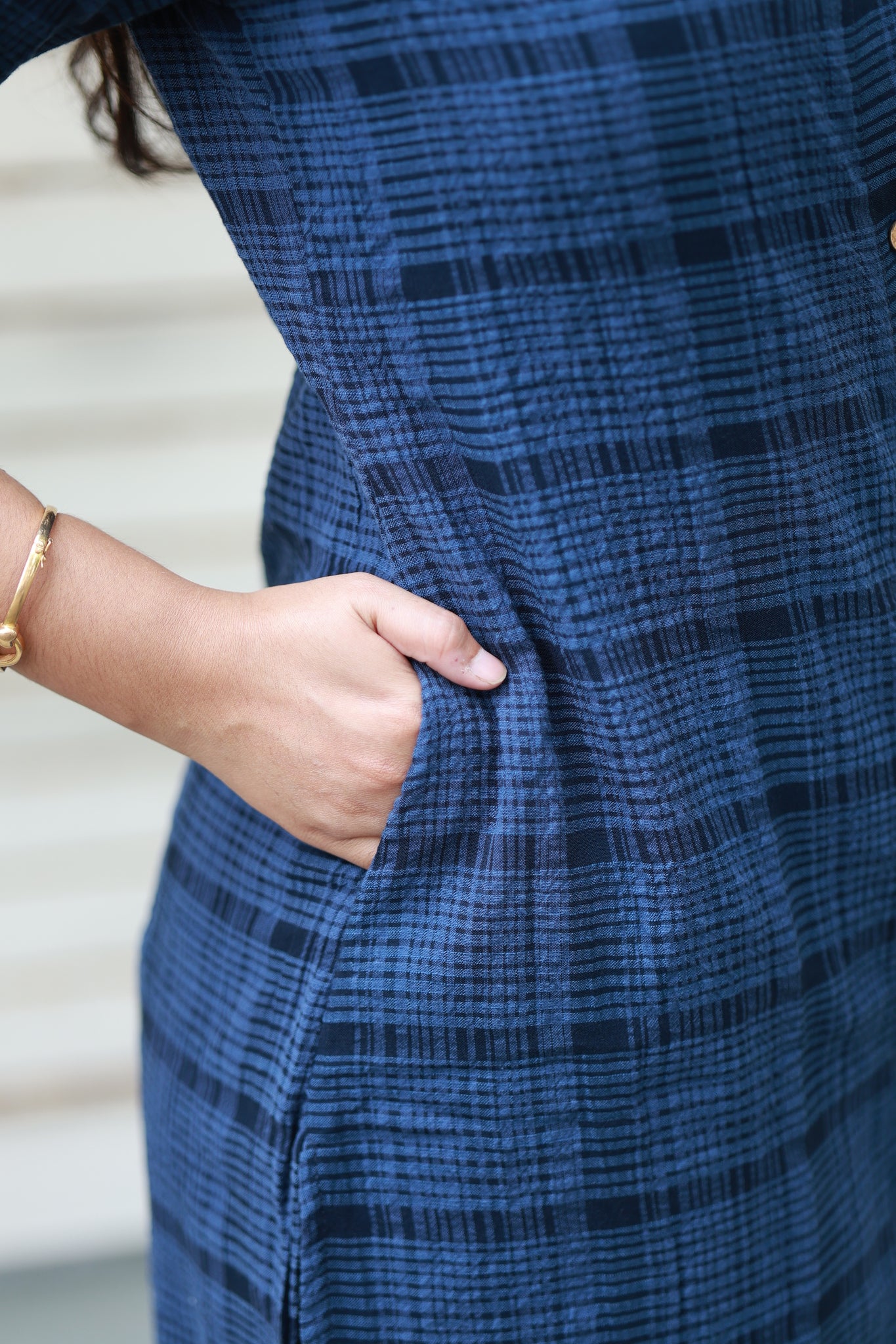 Coordset- Ink Blue checks, Includes side pockets for extra comfort and utility.
