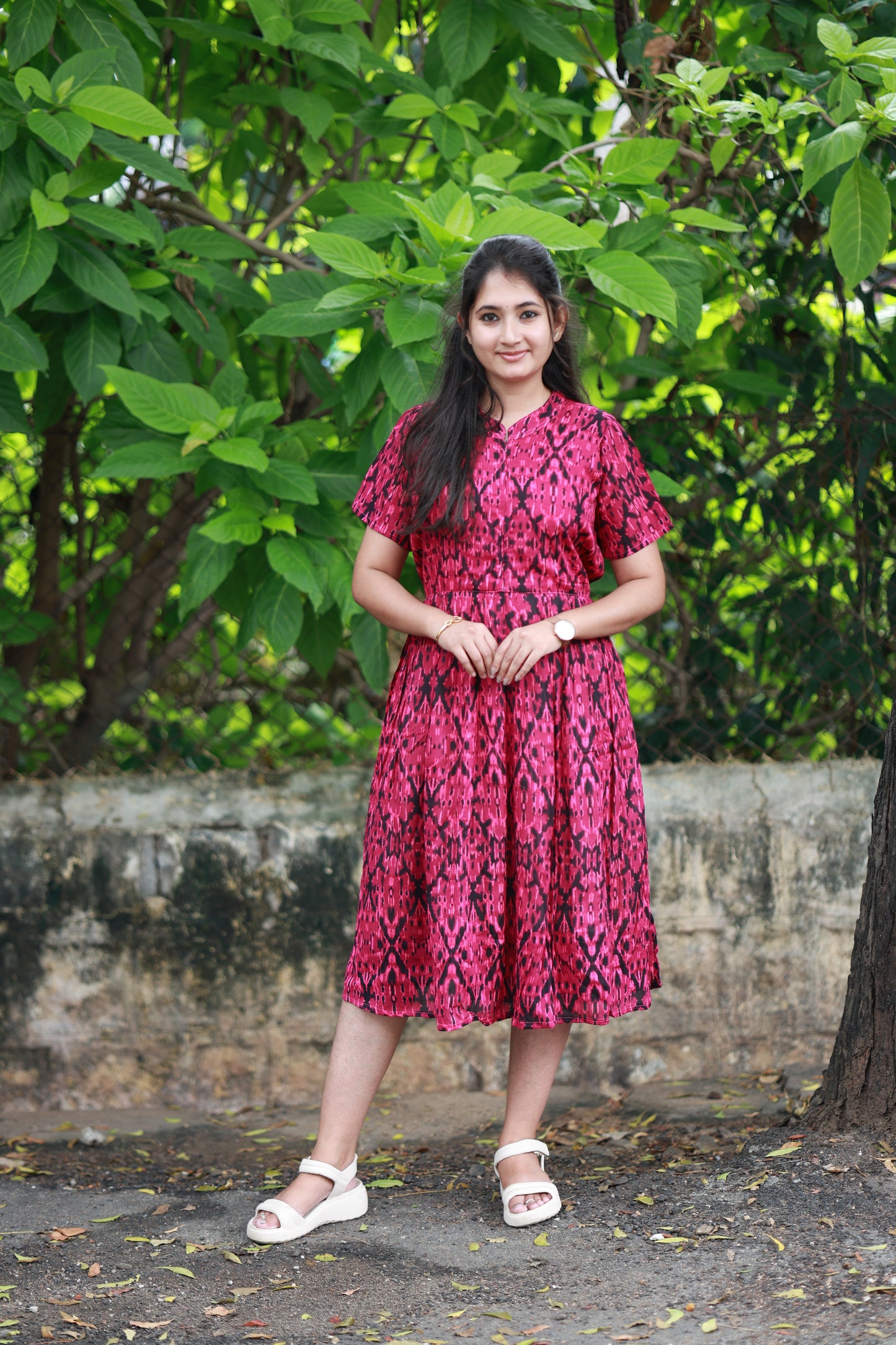 Maternity/Feeding Midi/Gown - Magenta ikat printed cotton maternity dress, breathable and comfort fit.