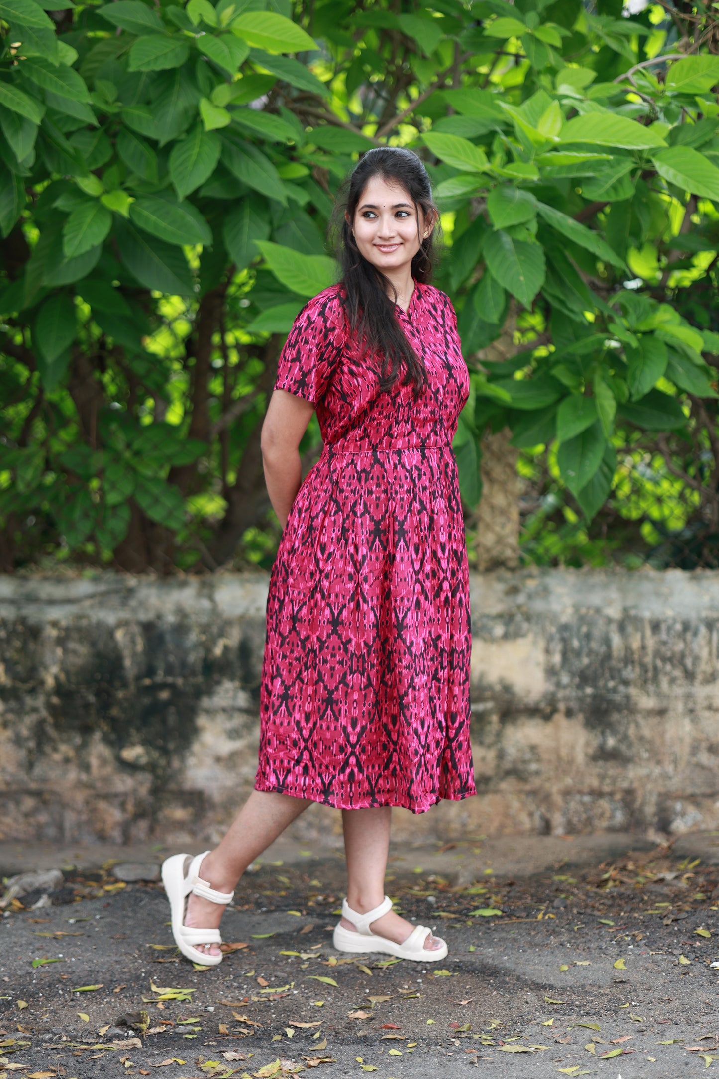 Maternity/Feeding Midi/Gown - Magenta ikat printed cotton maternity dress with hidden center zip, short sleeves and back tie for a comfortable all day wear.