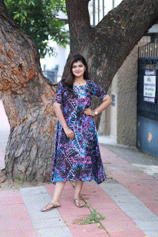 Maternity/Feeding Midi/Gown - Blue and Purple color, breathable cotton wear, hidden feeding access