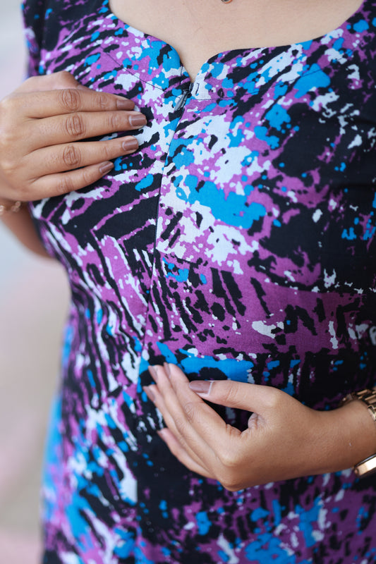 Maternity/Feeding Midi/Gown - Blue and Purple colour splash maternity nursing dress with hidden center feeding zip