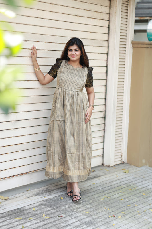 Neemai beige check silk maternity maxi dress, soft breathable fabric, pregnancy & nursing friendly gown, comfortable ethnic maternity wear, plus size available