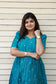 Neemai teal blue maternity gown with puff sleeves, nursing friendly front zip, stylish festive maternity wear, breathable soft fabric