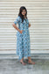 Maternity/Feeding Midi/Gown - Blue abstract print maternity dres with functional side pockets and back tie.