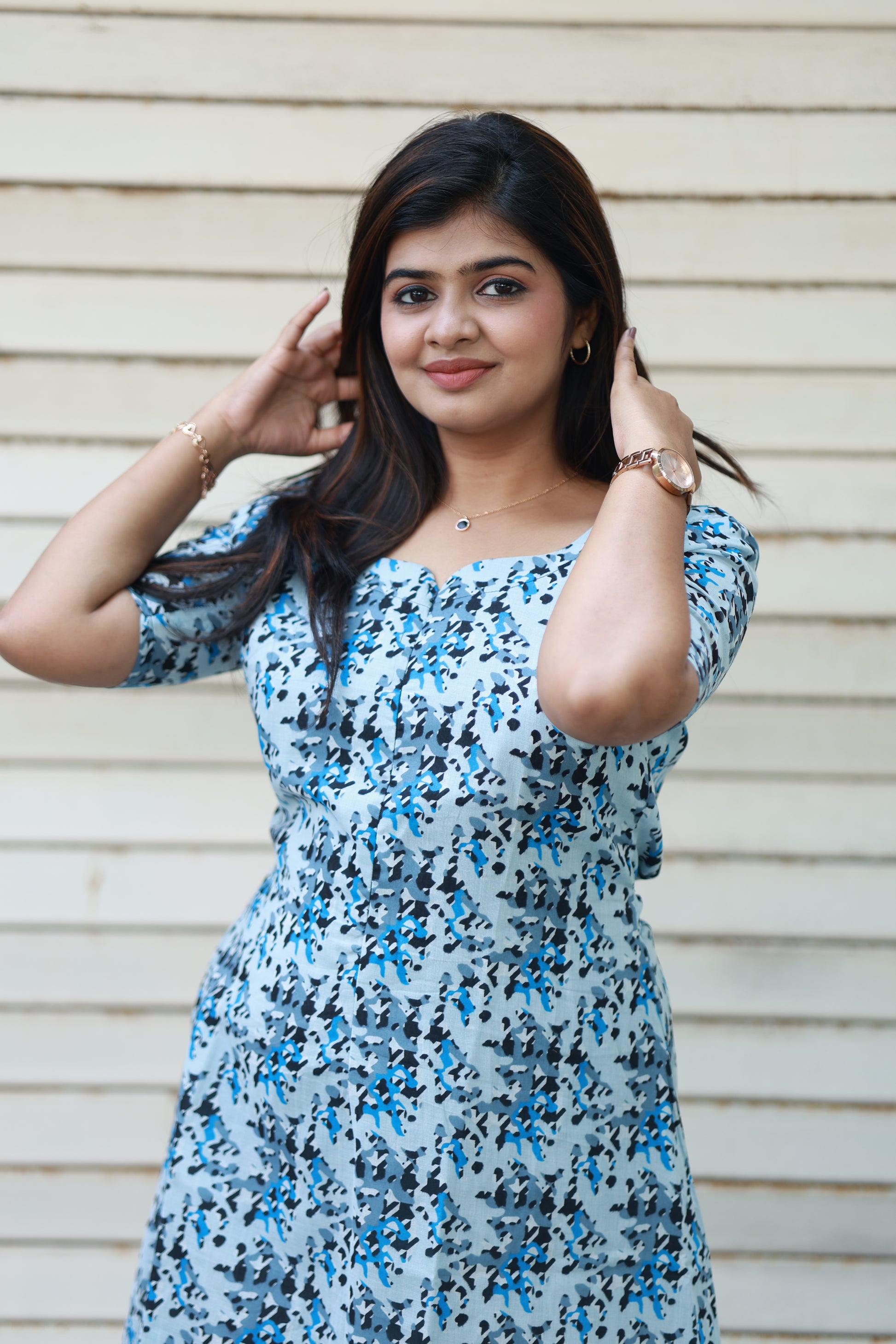 Maternity/Feeding Midi/Gown - Blue abstract print maternity wear with discreet zip and side pockets for comfortable all day wear.