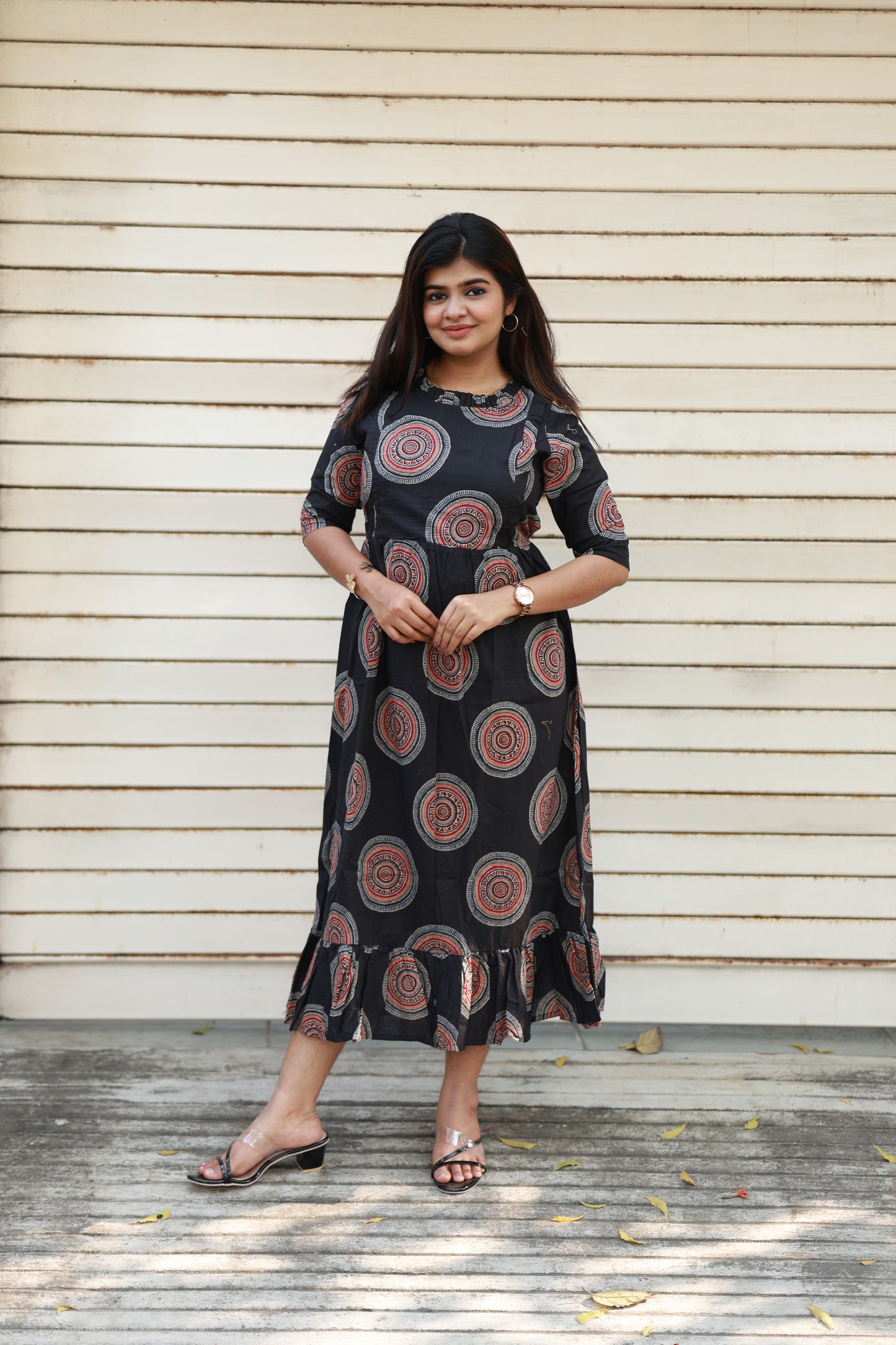 Cotton Maternity Midi/Gown - Black Ajrakh - Half lining - last pc in XL and 3XL