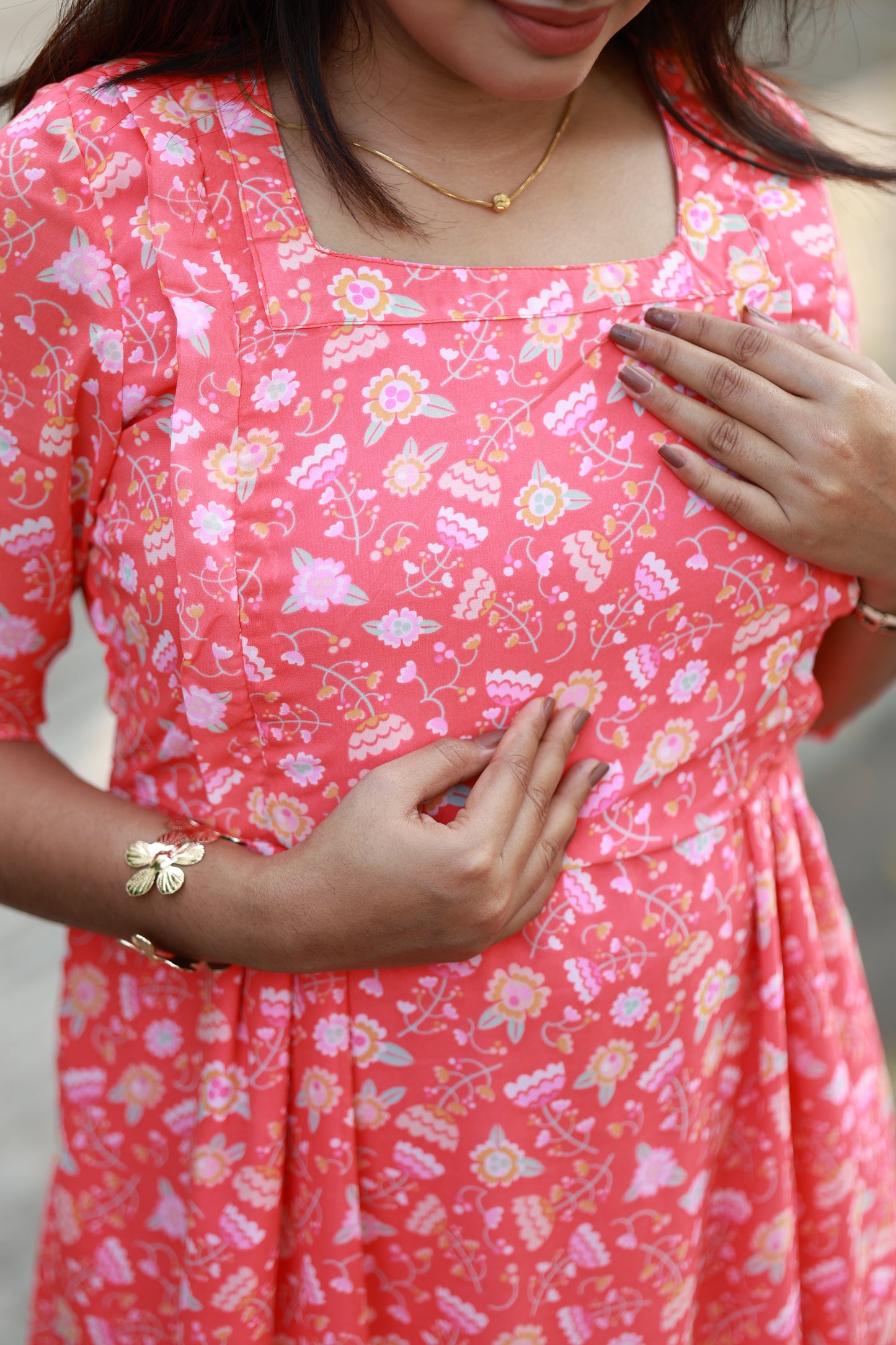 Maternity / Feeding-2  Layer (2 TIER) with lining -  Maxi/Gown/Midi - Peach pink