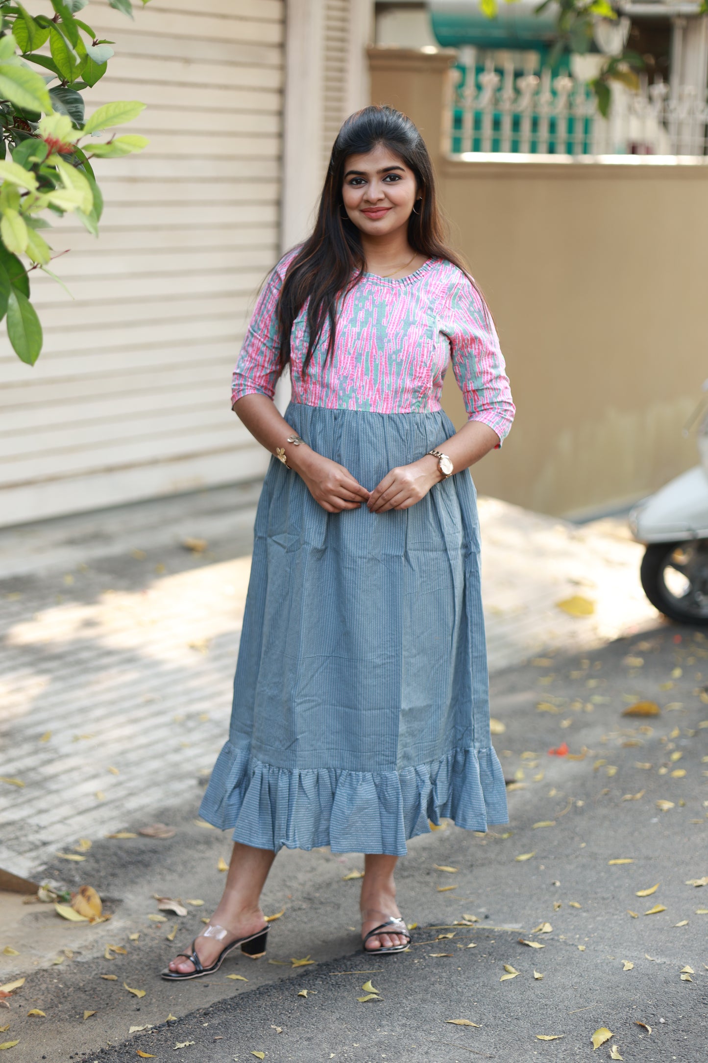 Cotton Maternity/Feeding Midi/Gown - Grey and Pink