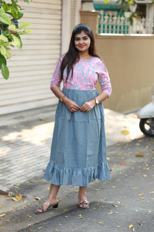 Maternity/Feeding Midi/Gown - Grey and Pink