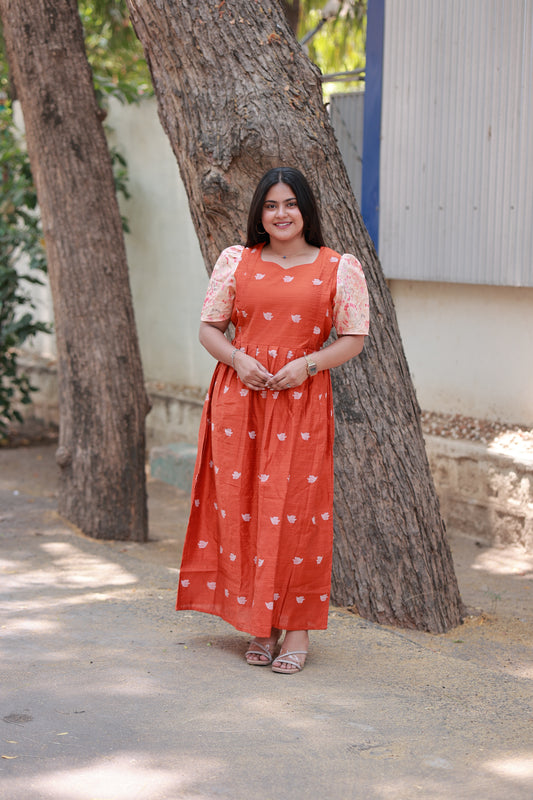Raw silk - Double side zip  Maternity Maxi/Gown - Festival Collection - Orange Flower