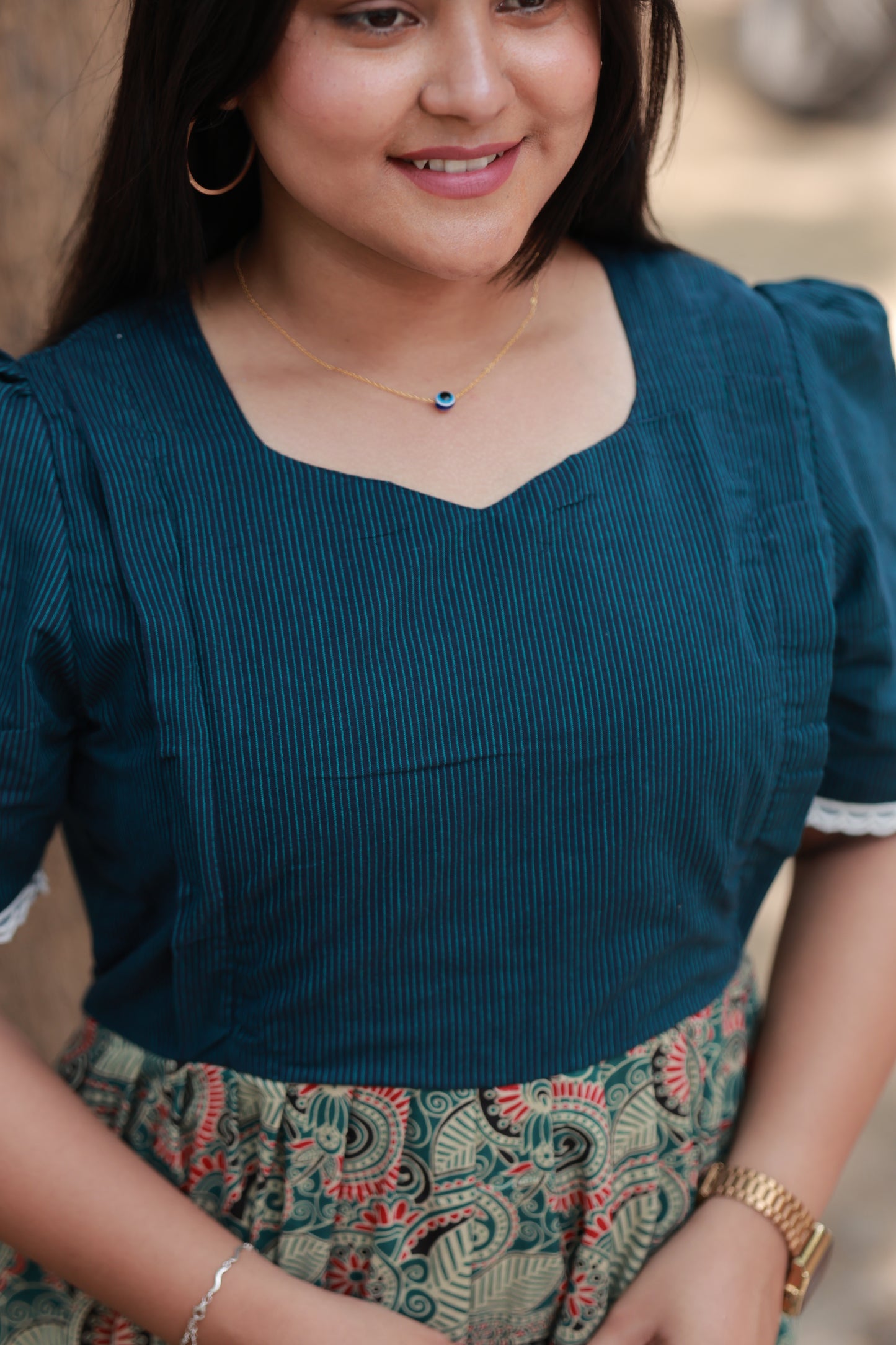 Cotton  Feeding/Maternity- Maxi/Gowns- Double side zip- Kalamkari blue stripe