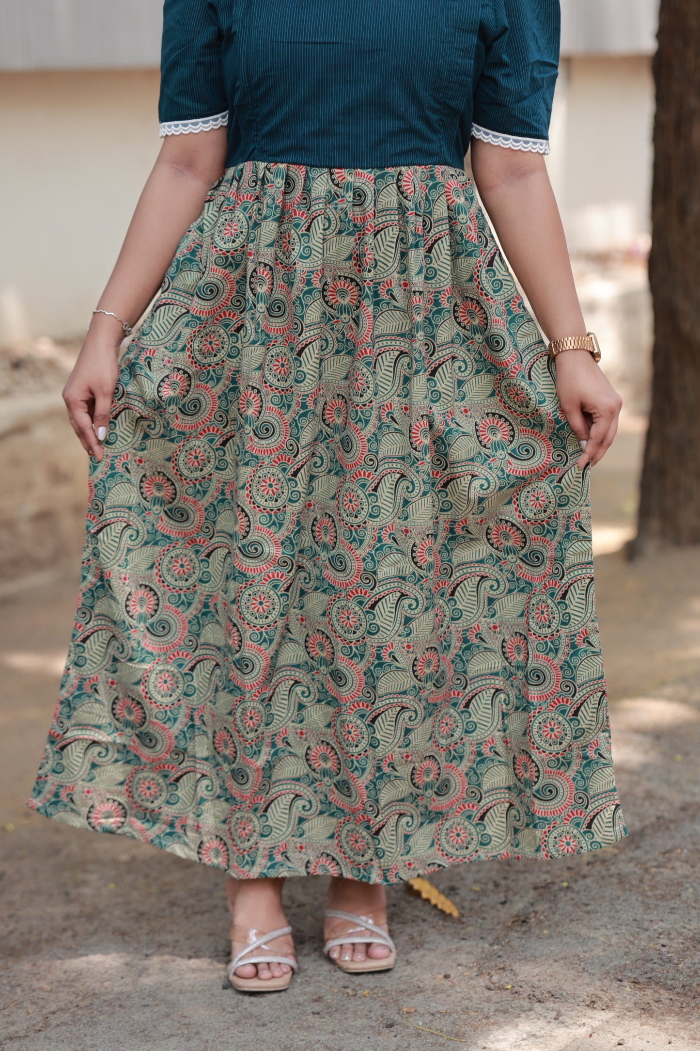 Cotton  Feeding/Maternity- Maxi/Gowns- Double side zip- Kalamkari blue stripe