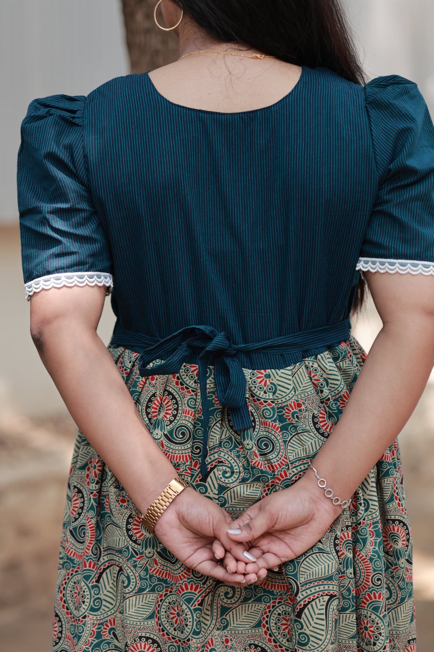 Cotton  Feeding/Maternity- Maxi/Gowns- Double side zip- Kalamkari blue stripe