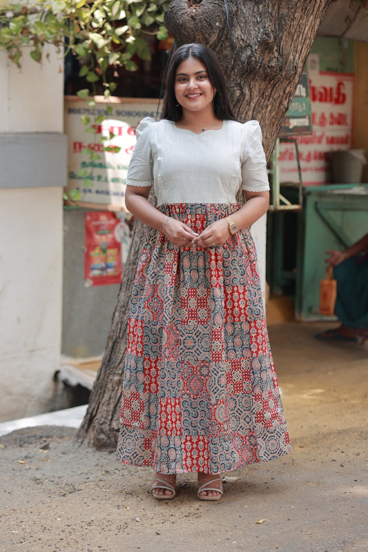 Cotton  Feeding/Maternity- Maxi/Gowns- Double side zip-  Kalamkari White and Red Dots