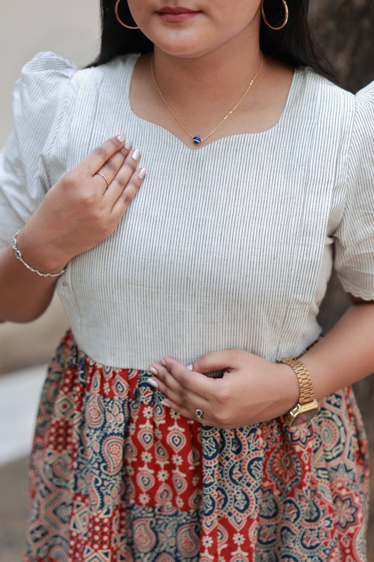 Cotton  Feeding/Maternity- Maxi/Gowns- Double side zip-  Kalamkari White and Red Dots