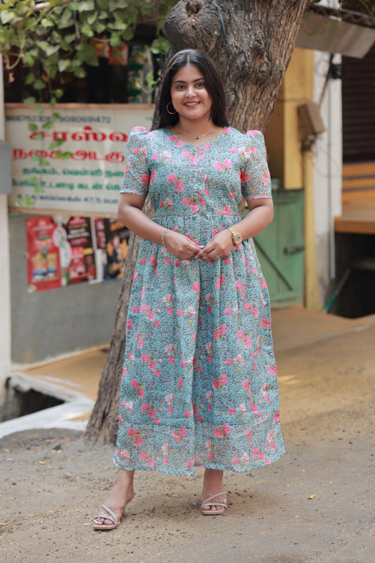 Center zip Normal / Maternity Midi/Gown- kota cotton with full lining -   Pink flower