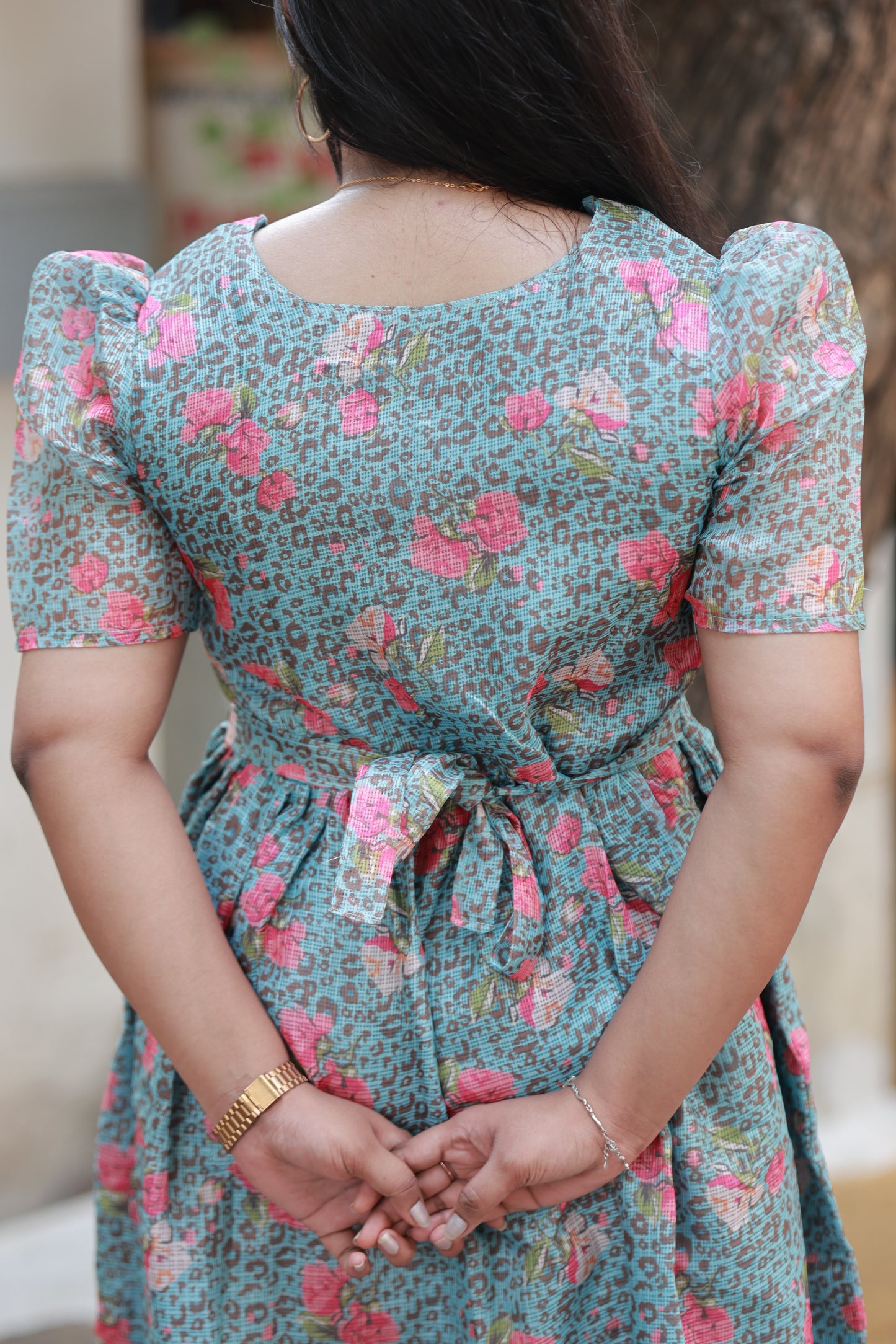 Center zip Normal / Maternity Midi/Gown- kota cotton with full lining -   Pink flower