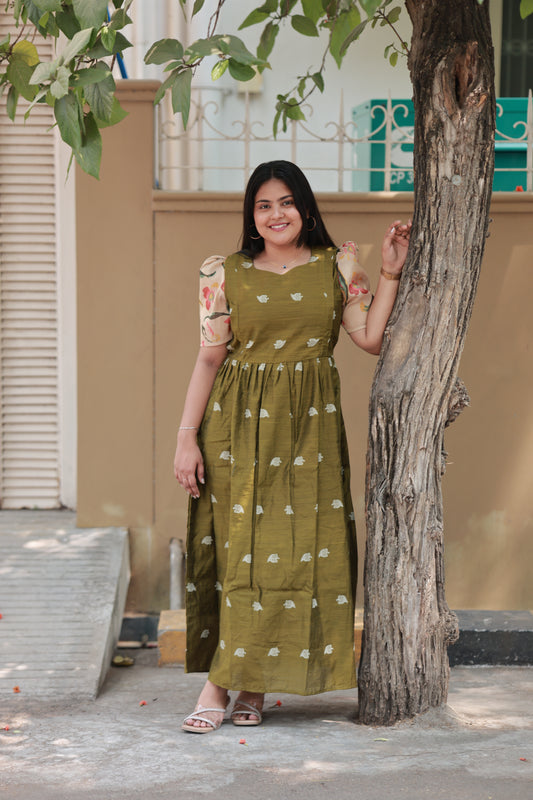 Raw silk - Double side zip  Maternity Maxi/Gown - Festival Collection - Olive Gold