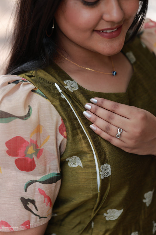Raw silk - Double side zip  Maternity Maxi/Gown - Festival Collection - Olive Gold