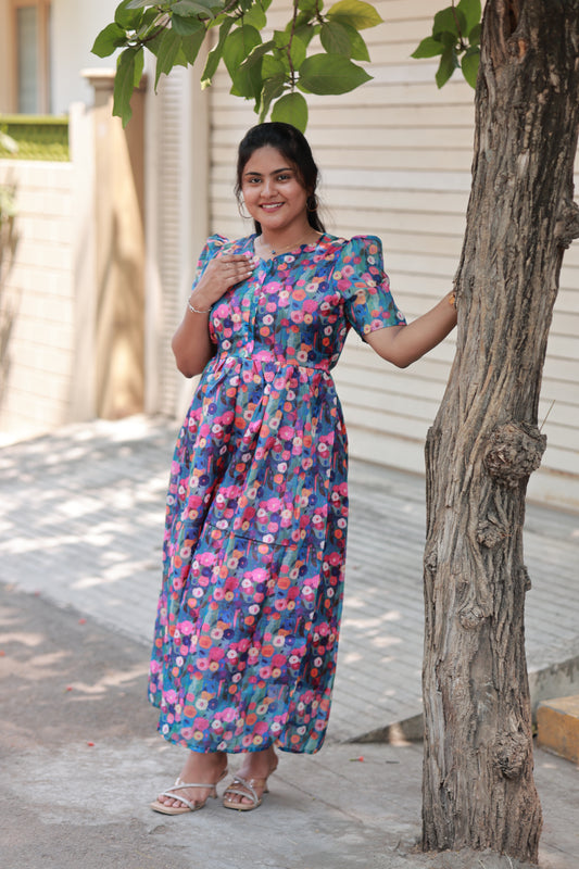 Center zip Normal / Maternity Midi/Gown-kota cotton with full lining -  Multi Flower