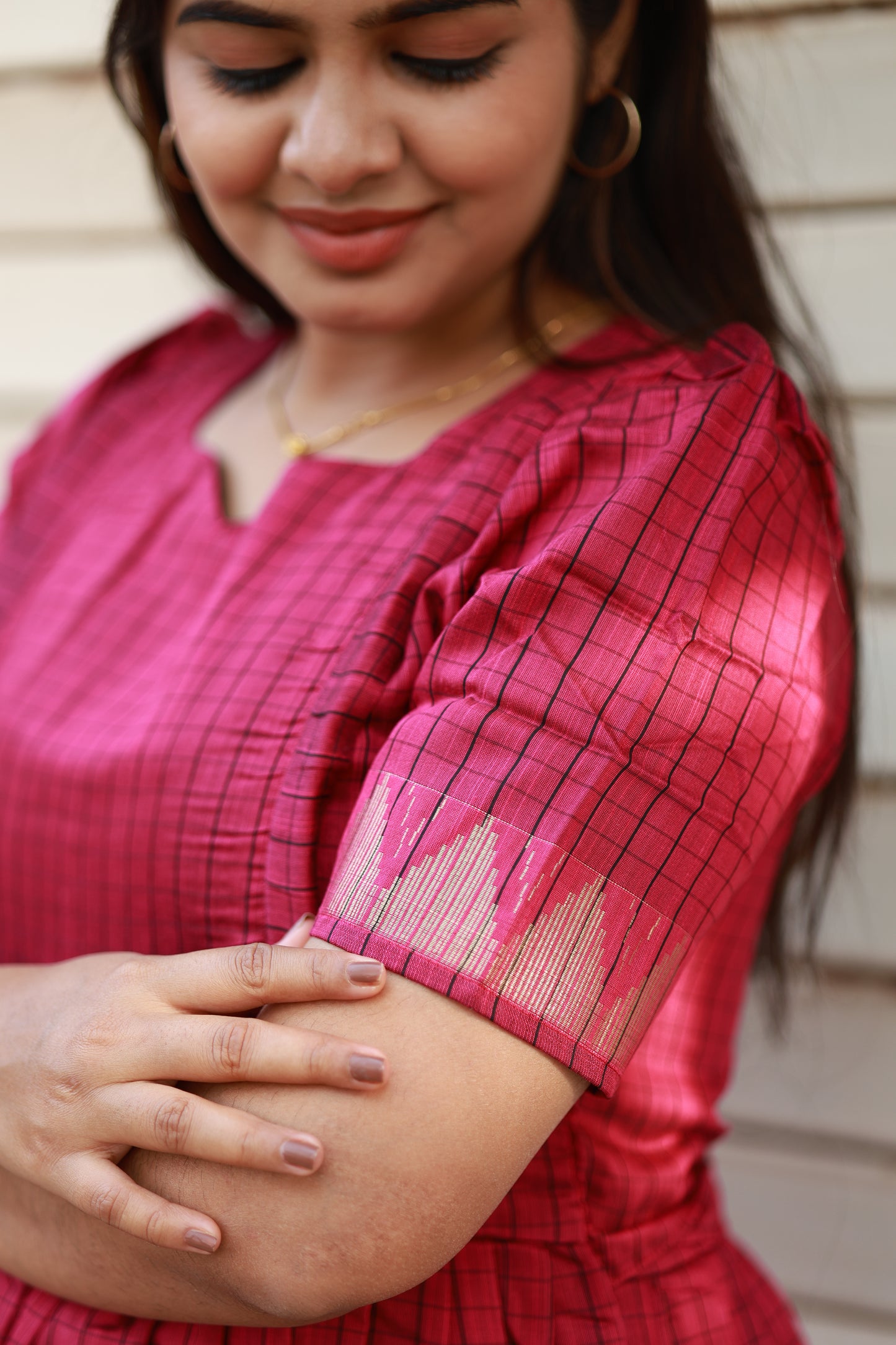 Raw silk Maternity Maxi/Gown - Festival Collection - Rani pink  Rose - checks - Last pc in XS
