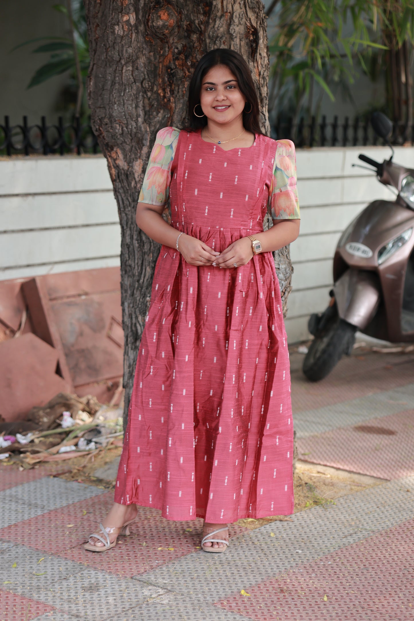 Raw silk - Double side zip  Maternity Maxi/Gown - Festival Collection - Light Pink And  lotus sleeve
