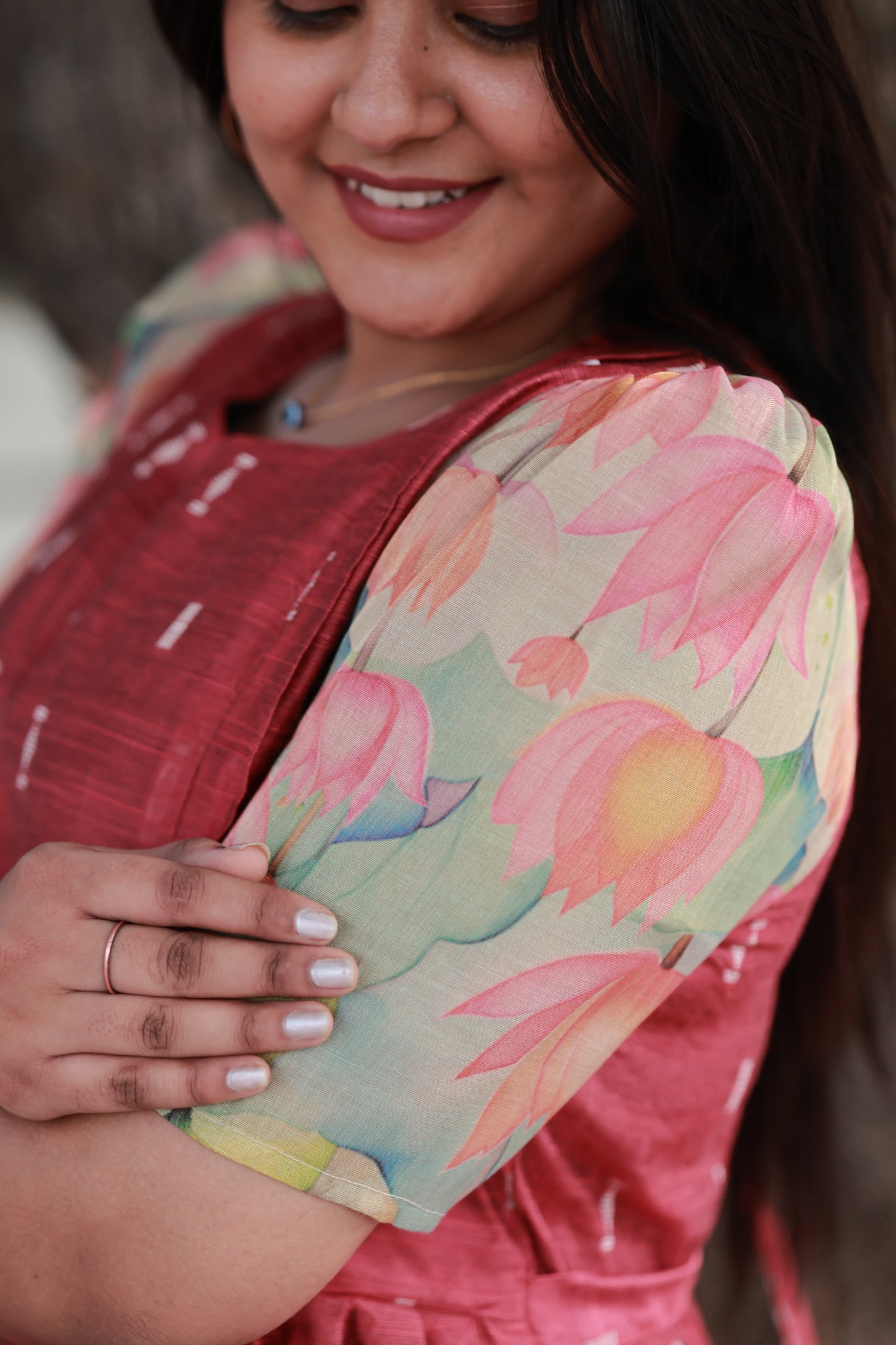 Raw silk - Double side zip  Maternity Maxi/Gown - Festival Collection - Light Pink And  lotus sleeve