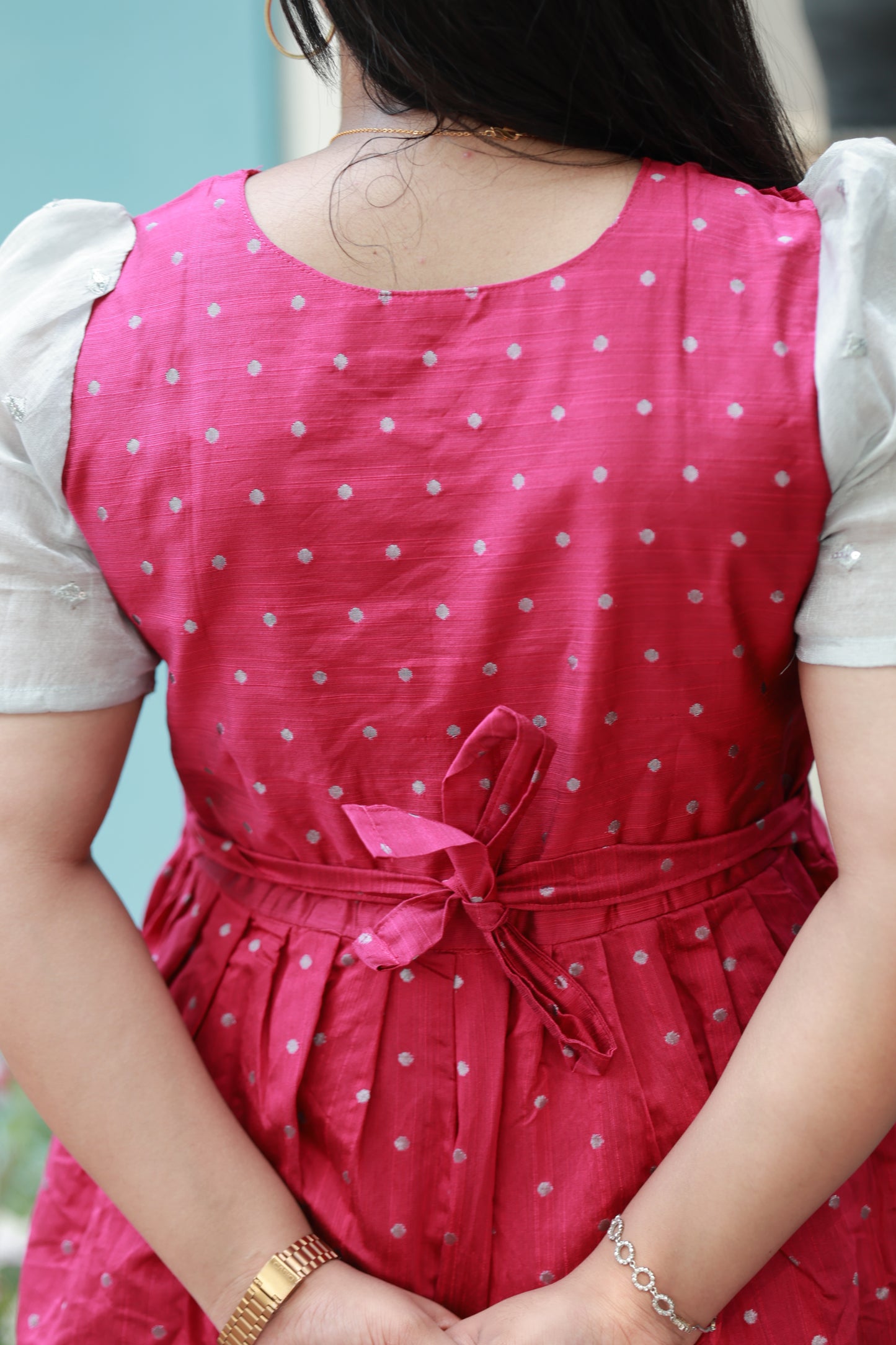 Raw silk - Double side zip  Maternity Maxi/Gown - Festival Collection -  Dark Pink and  Silver Sleeve
