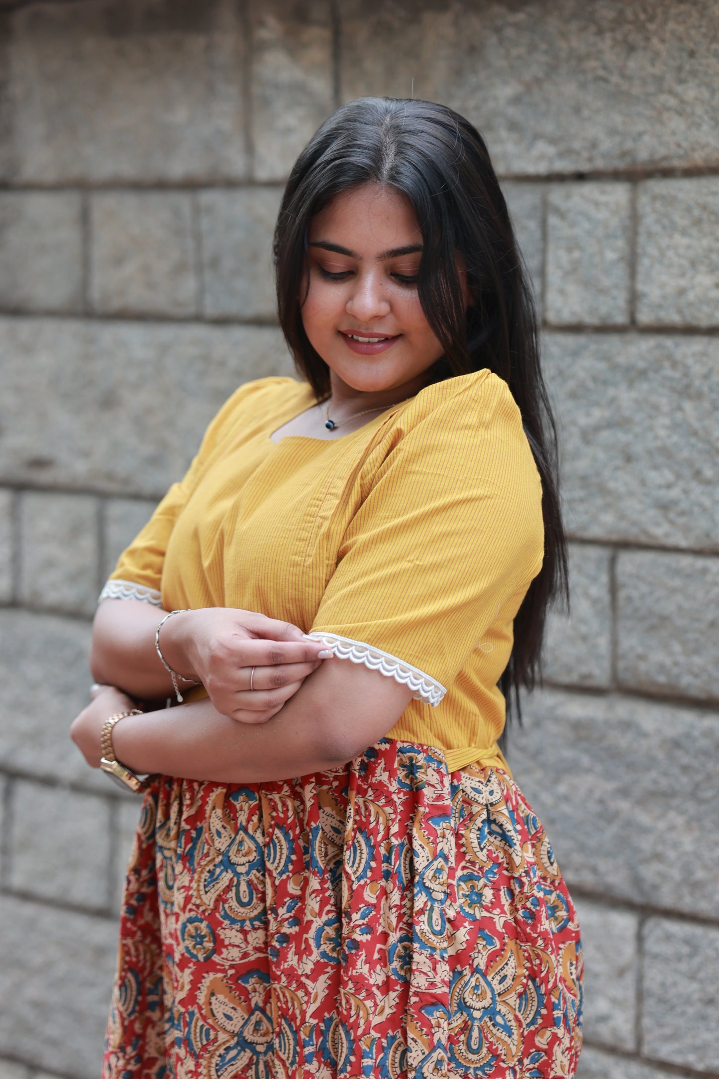 Cotton  Feeding/Maternity- Maxi/Gowns- Double side zip - Kalamkari Yellow and Red
