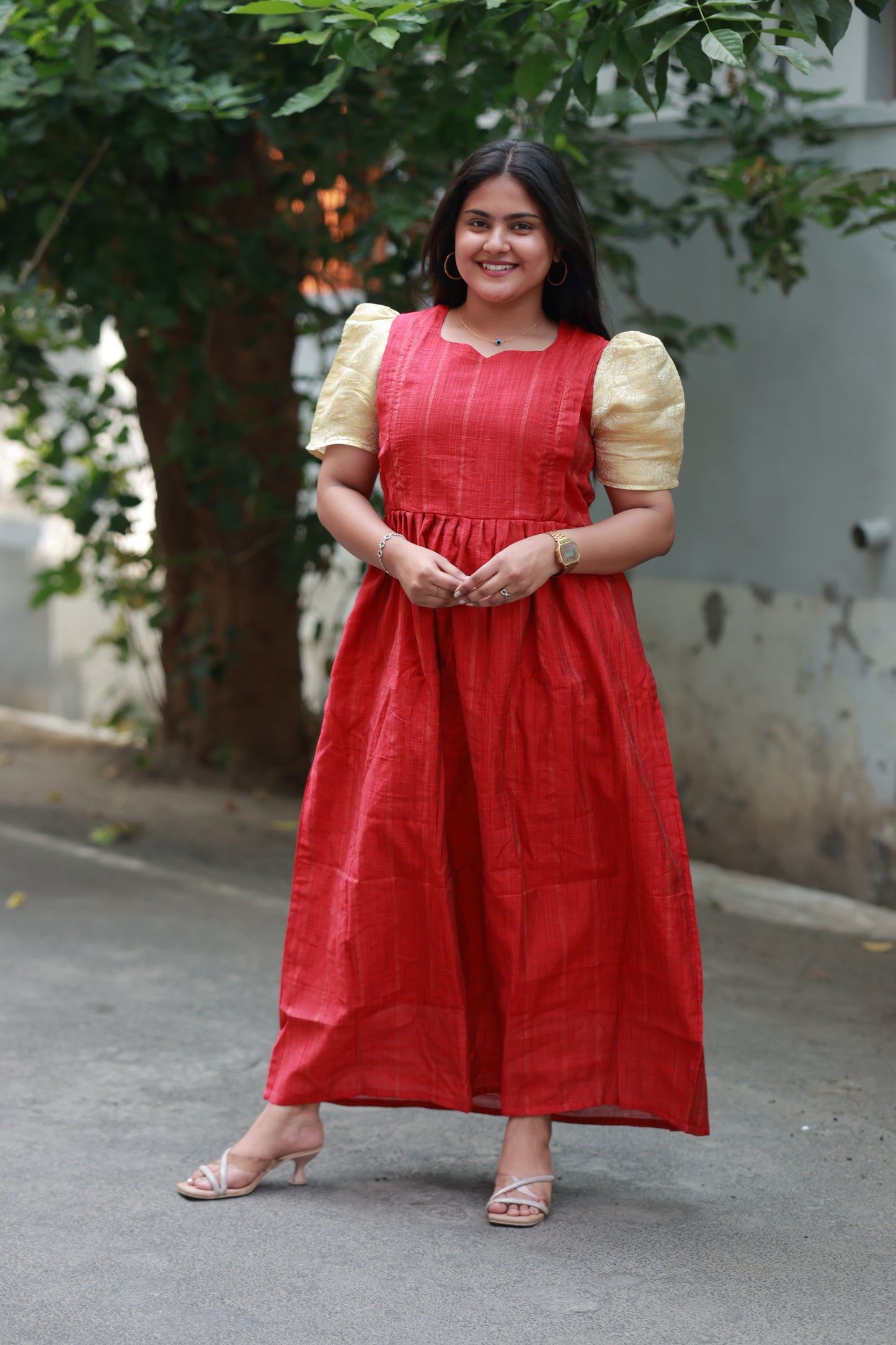 Raw silk - Double side zip  Maternity Maxi/Gown - Festival Collection - Red and sandal sleeve