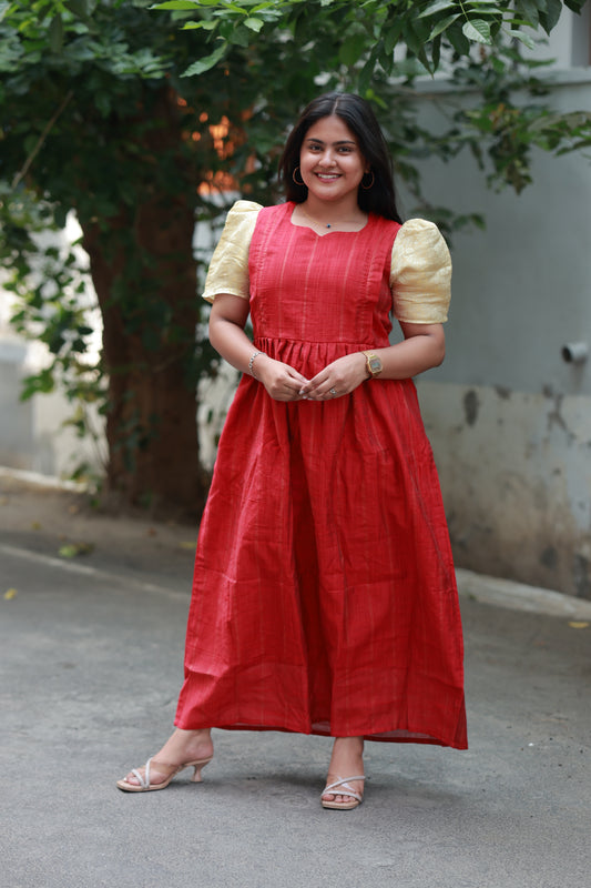 Raw silk - Double side zip  Maternity Maxi/Gown - Festival Collection - Red and sandal sleeve